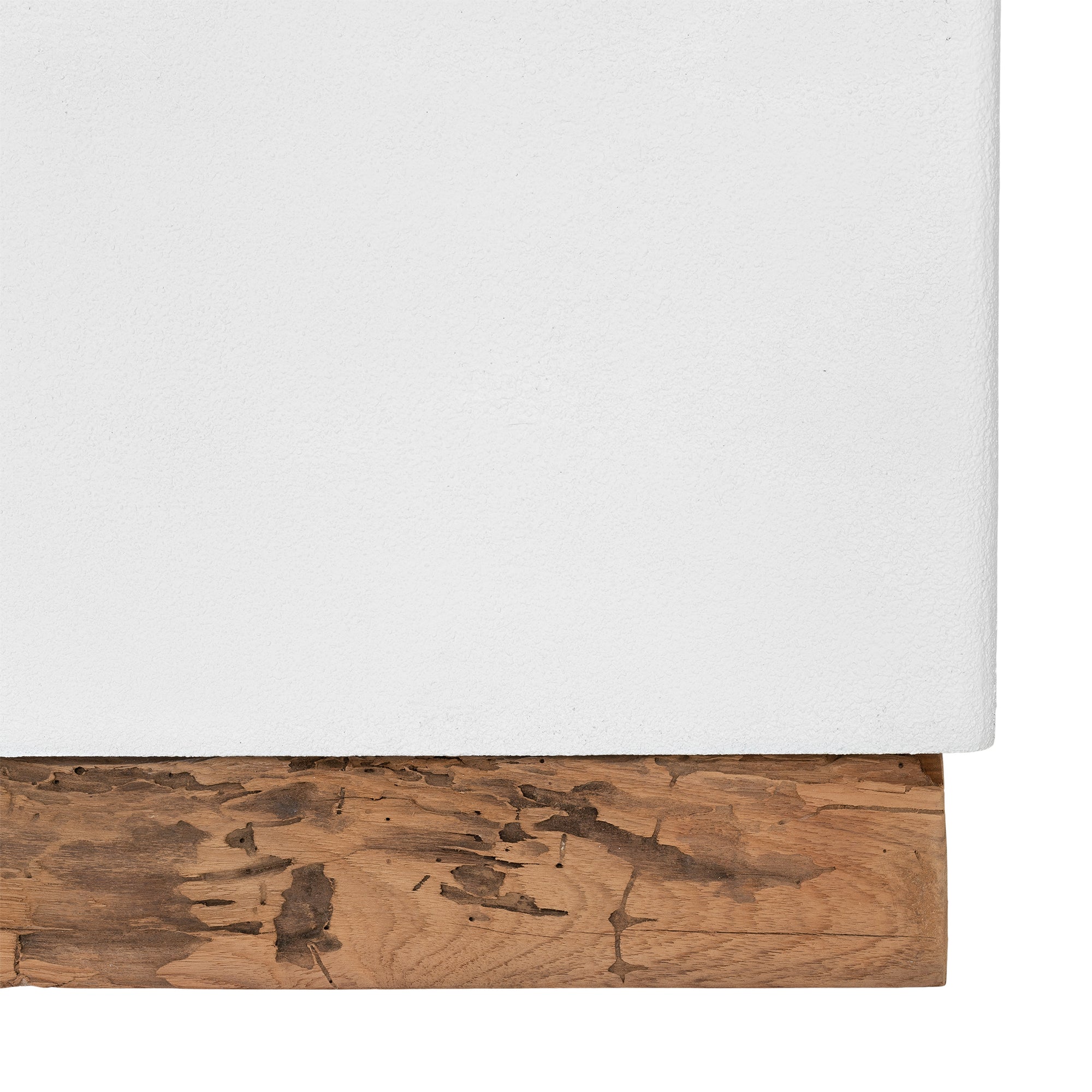A modern square side table featuring a white cement finish and a rustic reclaimed wood base. This versatile piece adds a minimalist yet organic touch to contemporary interior