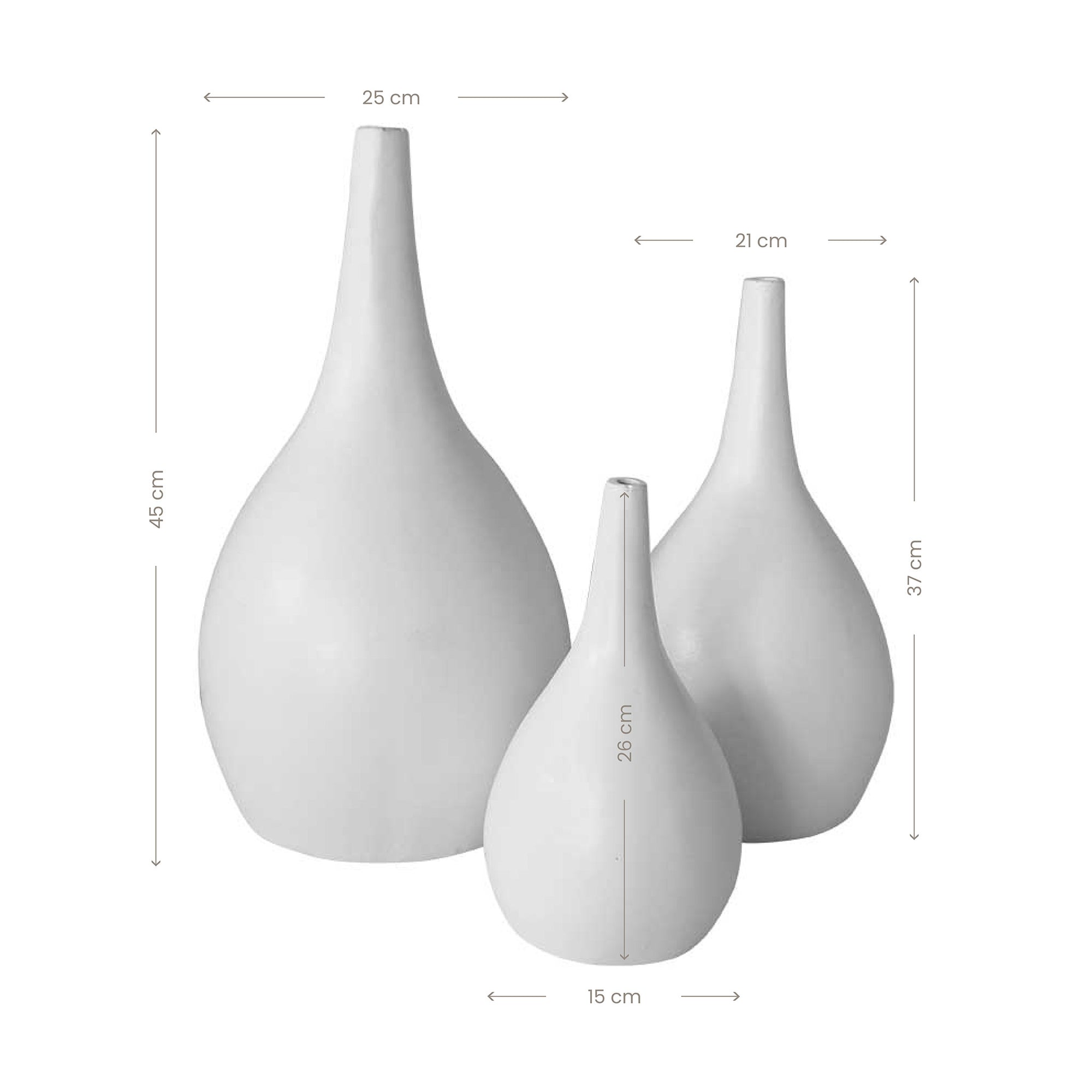 Set of three elegant white cement vases in varying sizes, featuring a smooth, teardrop-shaped design with a modern minimalist aesthetic. Perfect for adding a refined touch to any space.