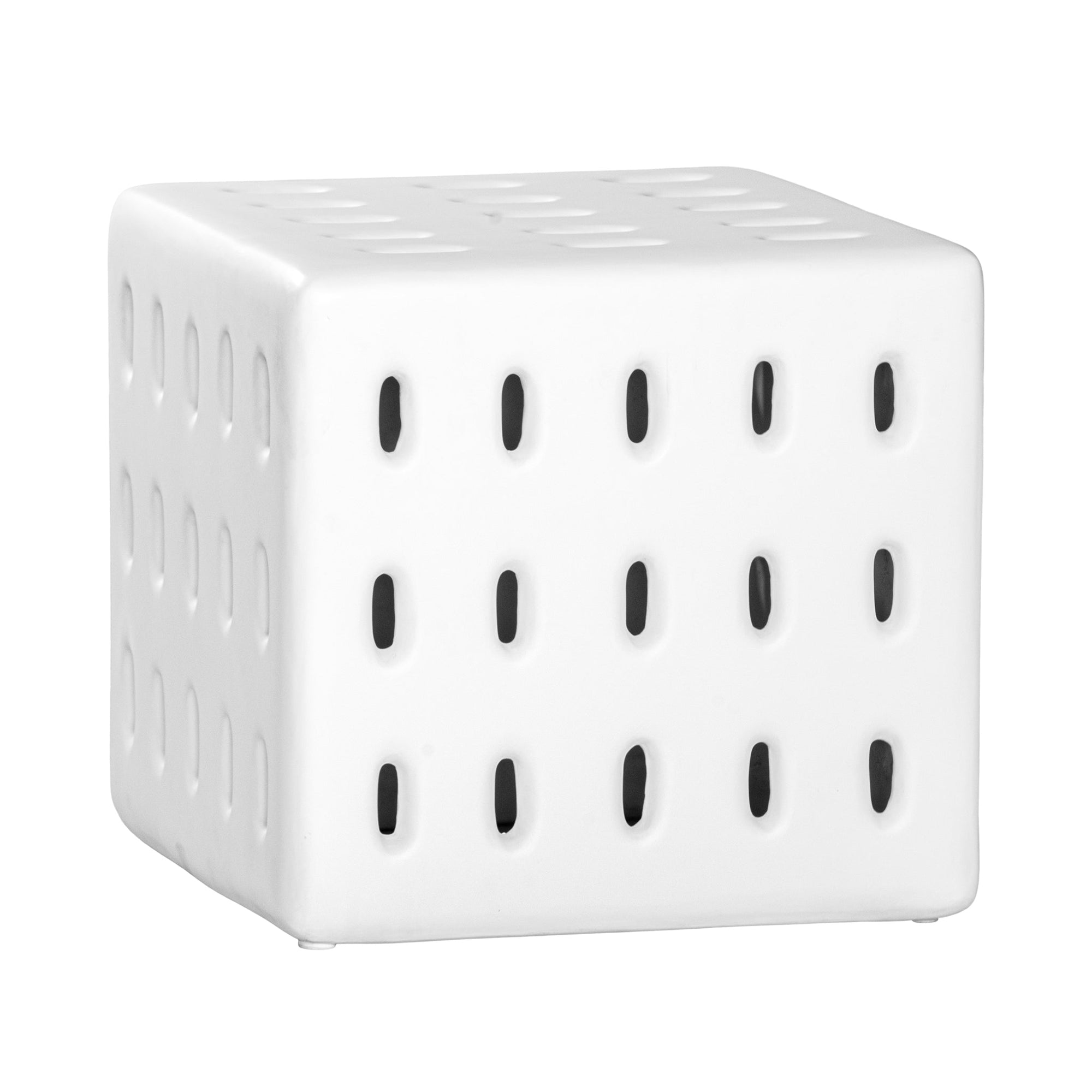 A modern white concrete side table with perforated details, blending sculptural design with functional seating for indoor and outdoor spaces