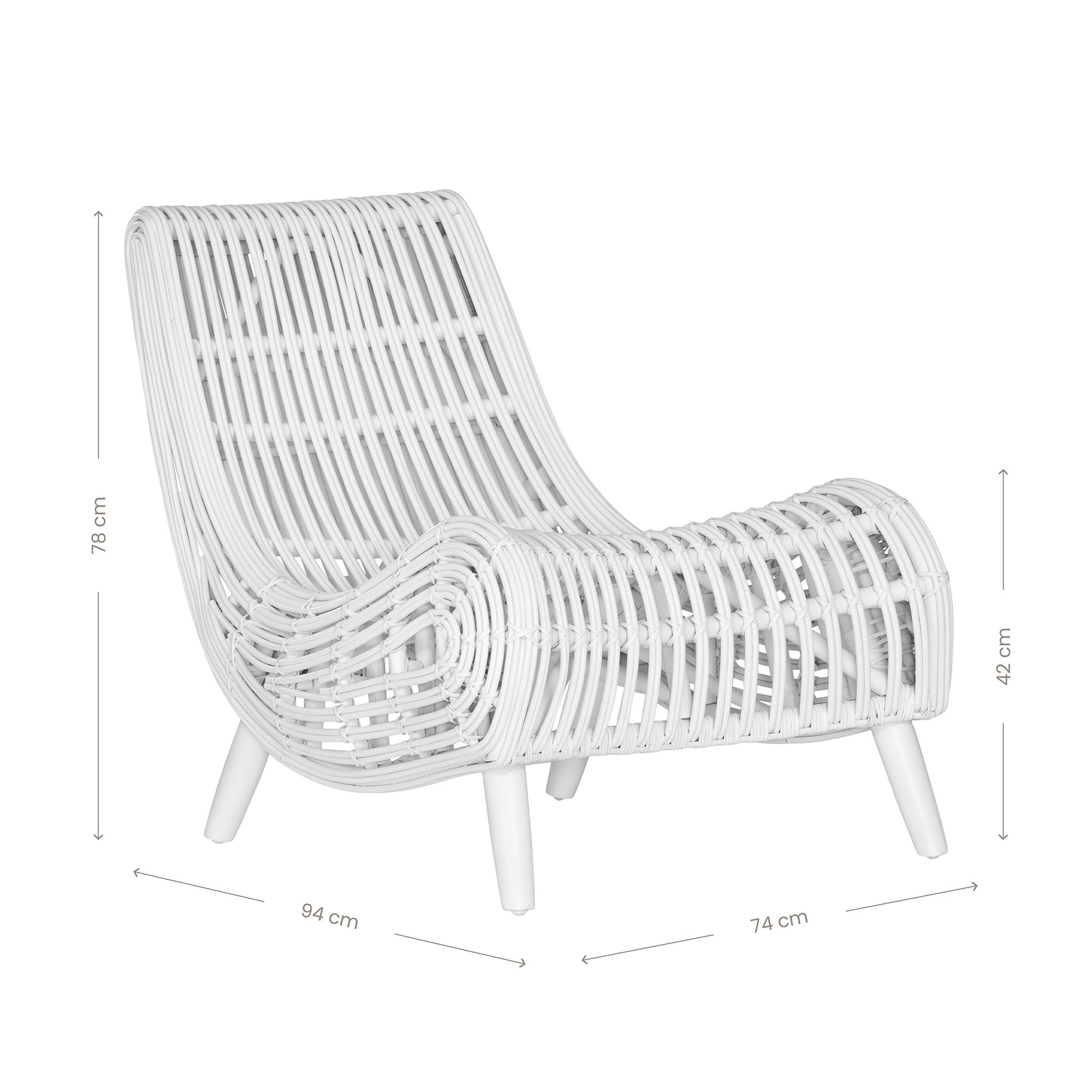 A sculptural white rattan lounge chair with a curved, low-profile silhouette and sleek wooden legs. The woven design adds texture, while the deep seat and ergonomic shape offer comfort and relaxation