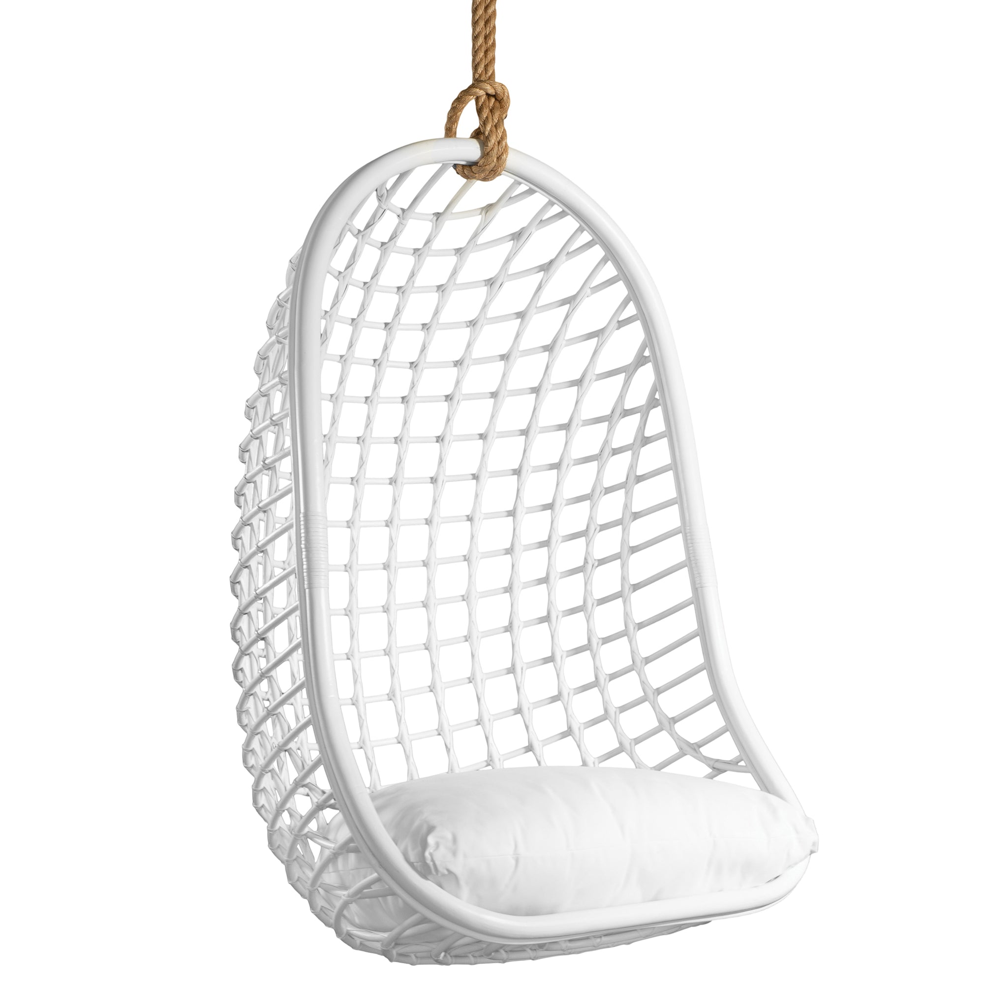 A stylish white hanging chair with an open-weave design, suspended by a natural rope and featuring a plush white cushion for ultimate relaxation