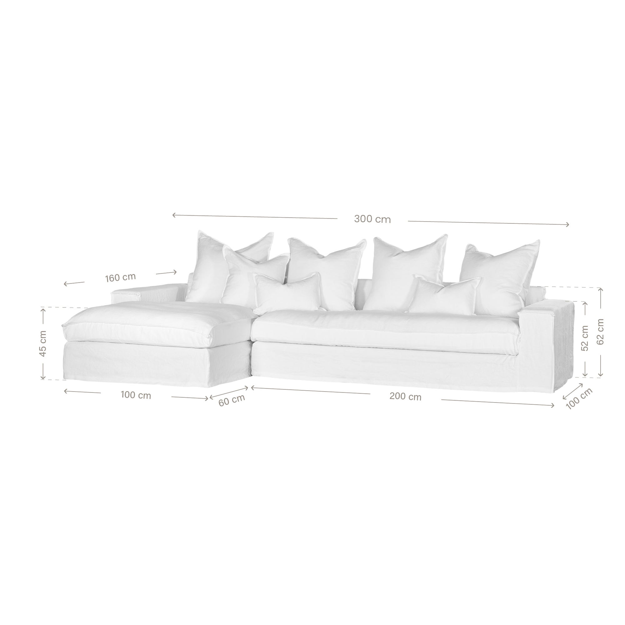 White linen slipcover sectional sofa with plush cushions. A timeless, versatile design offering relaxed elegance and everyday comfort