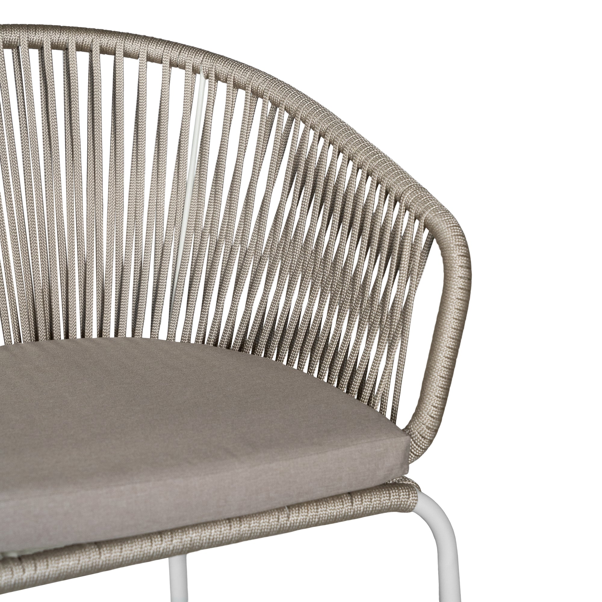 White and natural outdoor dining chair featuring a woven rope backrest and sleek metal legs, designed for modern alfresco dining and stylish patio settings