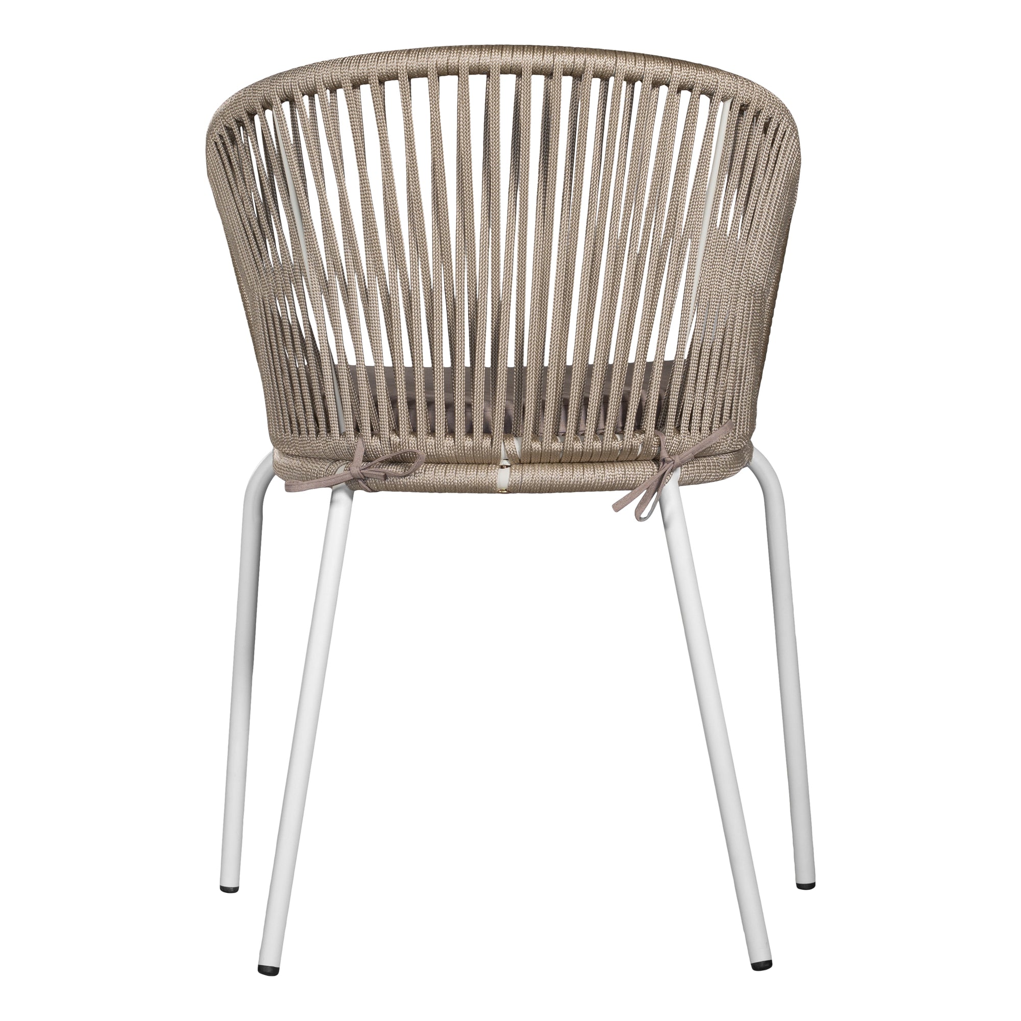 White and natural outdoor dining chair featuring a woven rope backrest and sleek metal legs, designed for modern alfresco dining and stylish patio settings