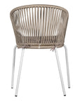 White and natural outdoor dining chair featuring a woven rope backrest and sleek metal legs, designed for modern alfresco dining and stylish patio settings