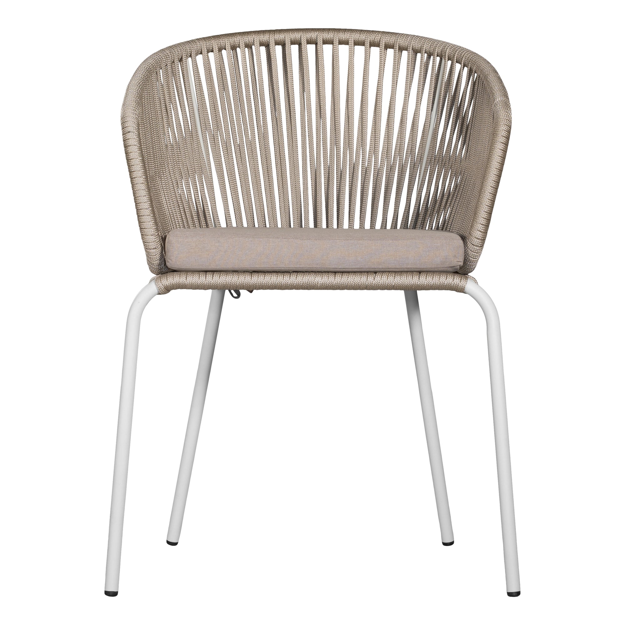 White and natural outdoor dining chair featuring a woven rope backrest and sleek metal legs, designed for modern alfresco dining and stylish patio settings