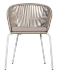 White and natural outdoor dining chair featuring a woven rope backrest and sleek metal legs, designed for modern alfresco dining and stylish patio settings