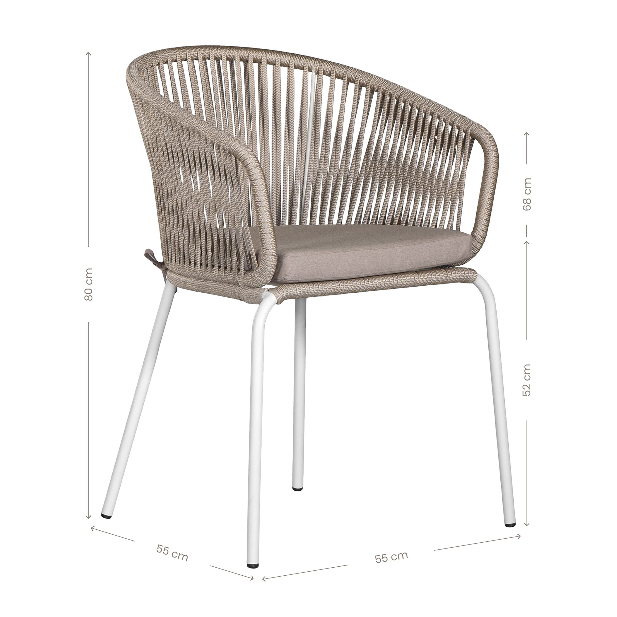White and natural outdoor dining chair featuring a woven rope backrest and sleek metal legs, designed for modern alfresco dining and stylish patio settings