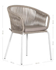 White and natural outdoor dining chair featuring a woven rope backrest and sleek metal legs, designed for modern alfresco dining and stylish patio settings