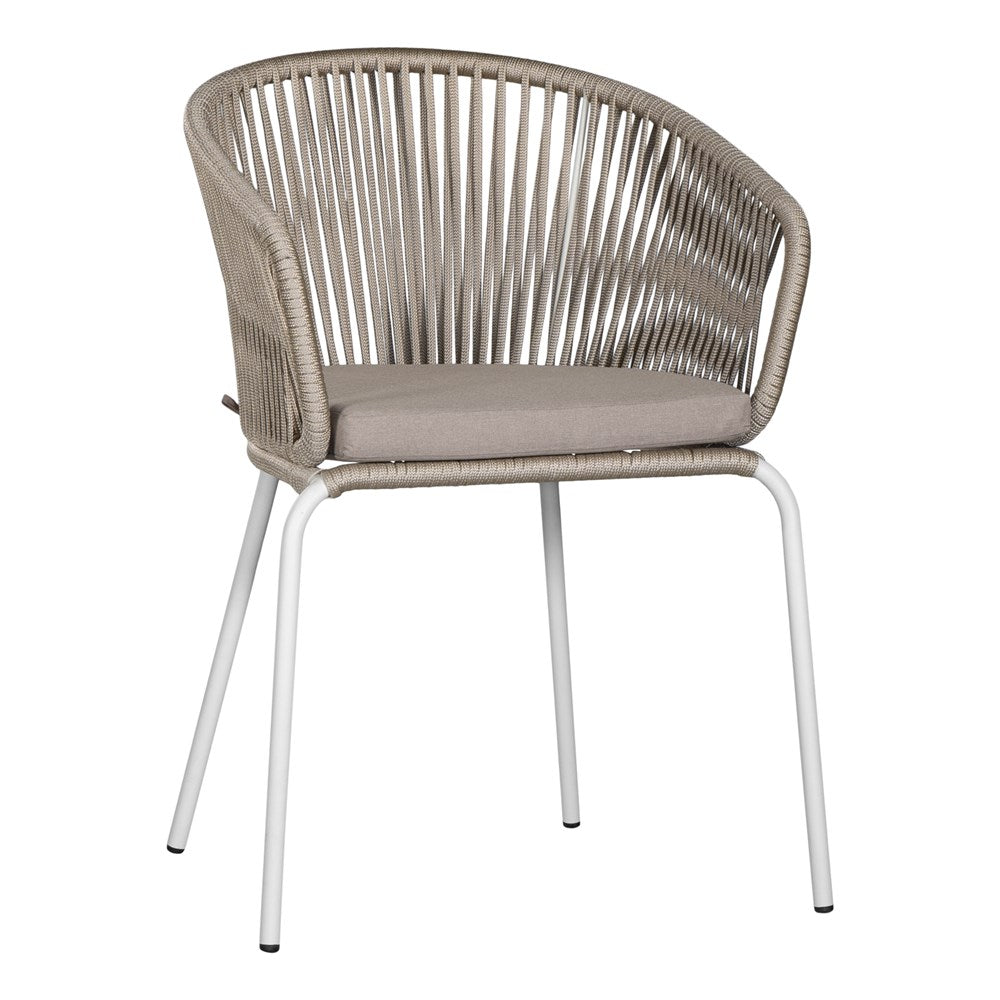 White and natural outdoor dining chair featuring a woven rope backrest and sleek metal legs, designed for modern alfresco dining and stylish patio settings