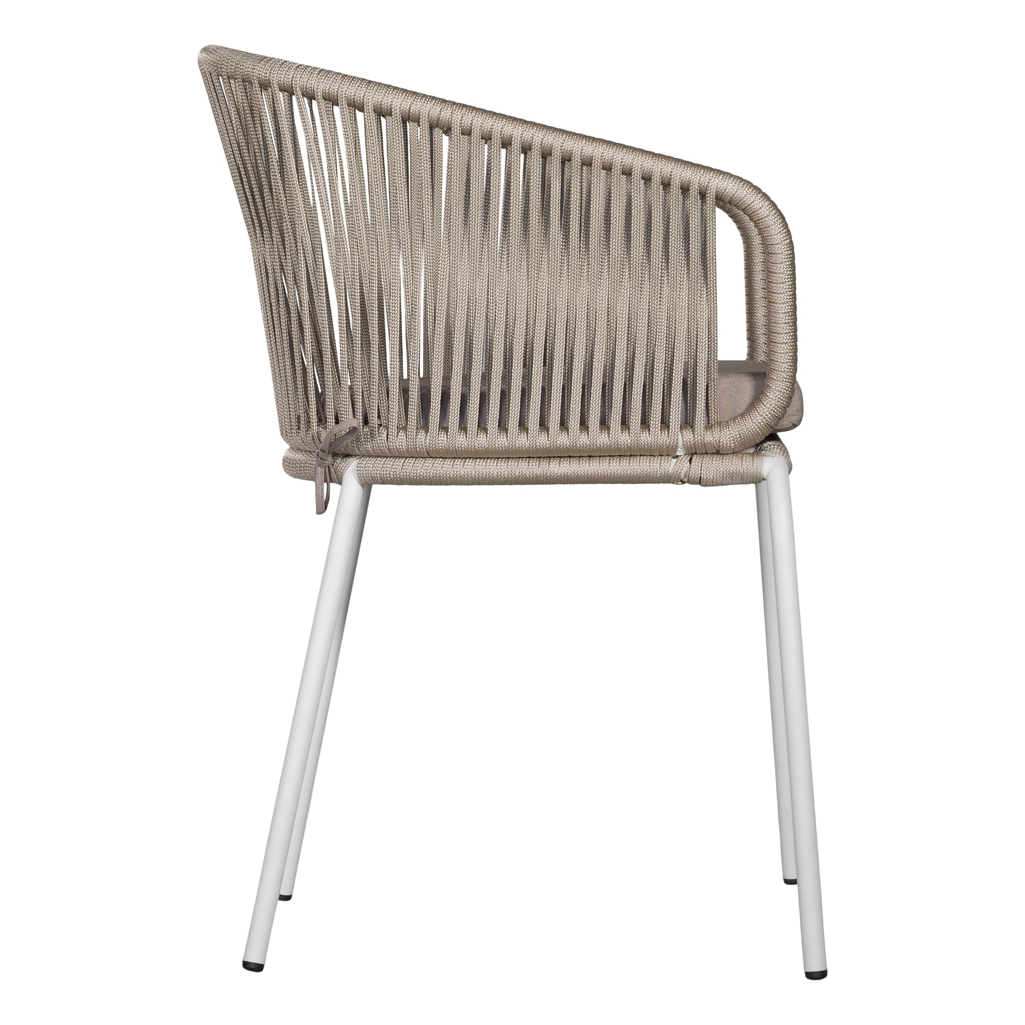 White and natural outdoor dining chair featuring a woven rope backrest and sleek metal legs, designed for modern alfresco dining and stylish patio settings
