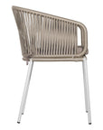 White and natural outdoor dining chair featuring a woven rope backrest and sleek metal legs, designed for modern alfresco dining and stylish patio settings