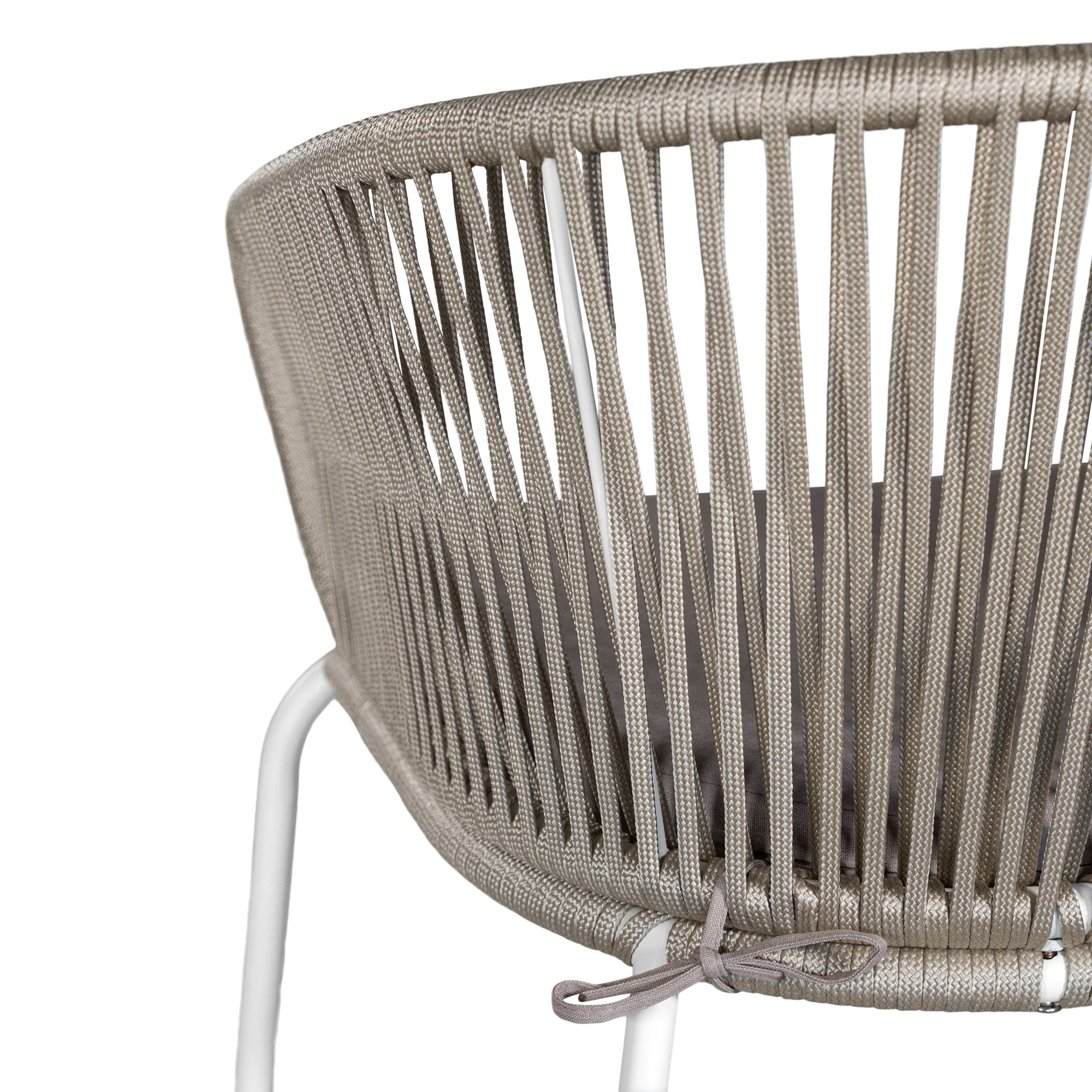 White and natural outdoor dining chair featuring a woven rope backrest and sleek metal legs, designed for modern alfresco dining and stylish patio settings