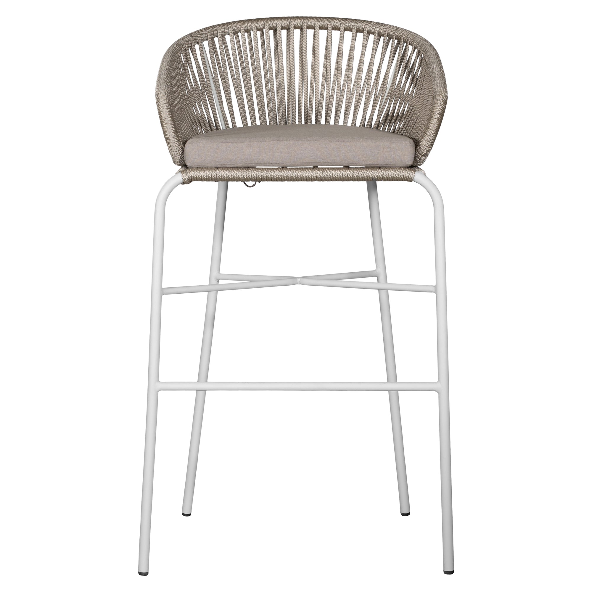 White natural outdoor bar chair featuring a woven rope backrest and sleek metal legs, designed for modern alfresco dining and stylish patio settings