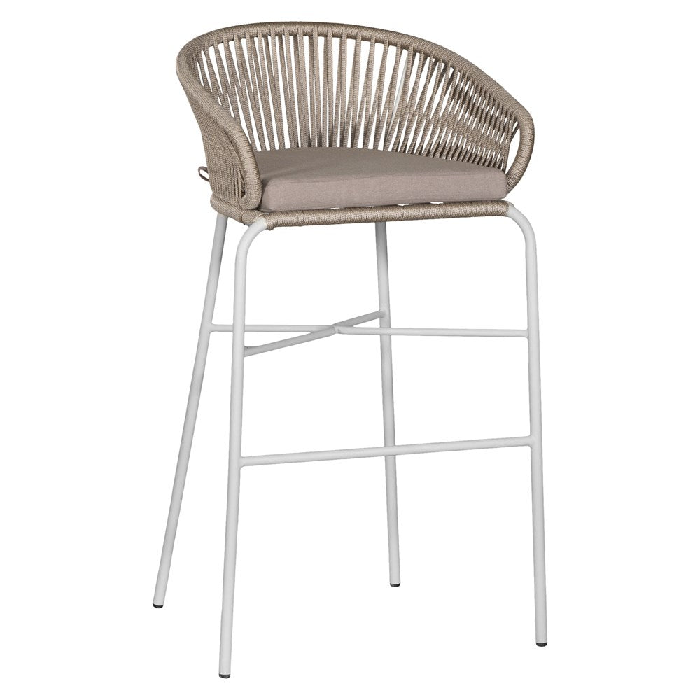 White natural outdoor bar chair featuring a woven rope backrest and sleek metal legs, designed for modern alfresco dining and stylish patio settings
