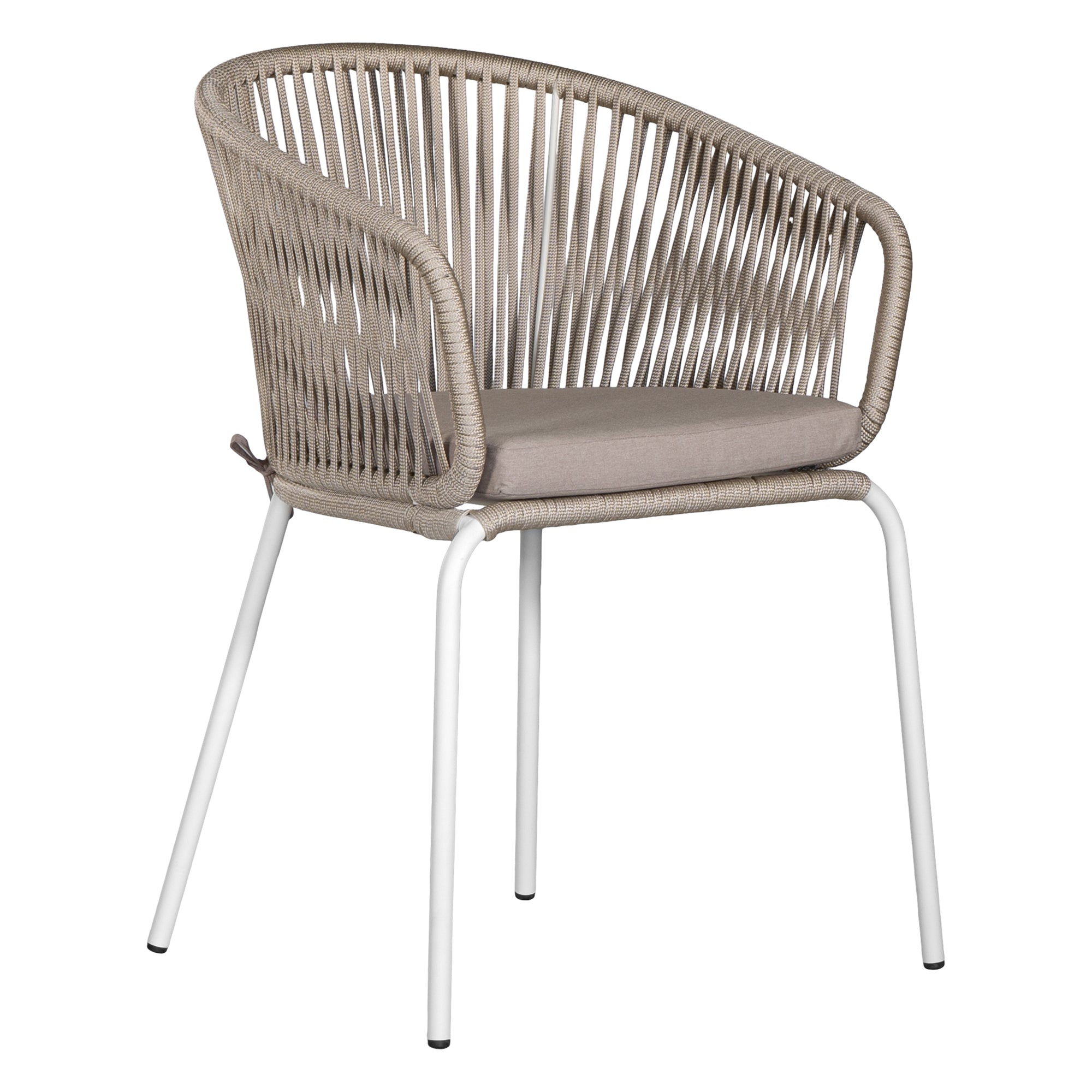 White and natiral outdoor dining chair featuring a woven rope backrest and sleek metal legs, designed for modern alfresco dining and stylish patio settings