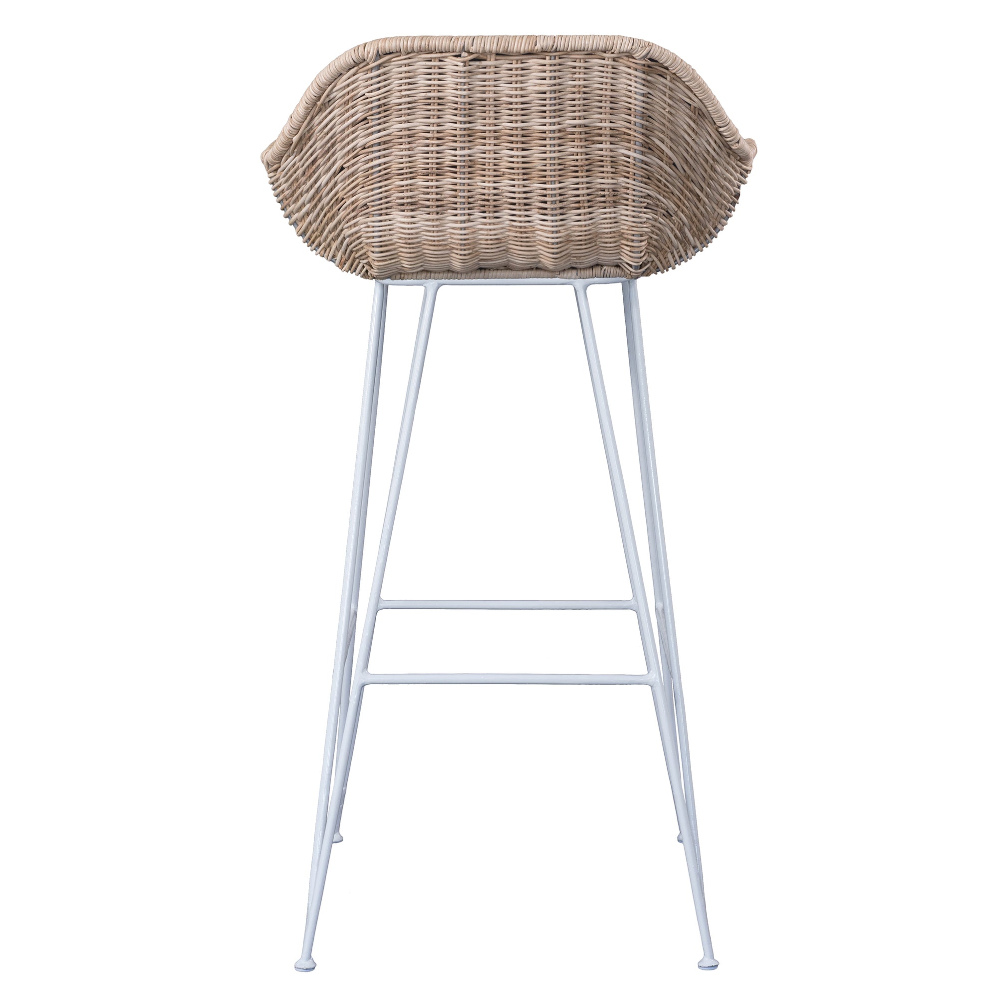 White natural rattan bar chair with curved back and slim metal legs, perfect for modern and stylish dining settings
