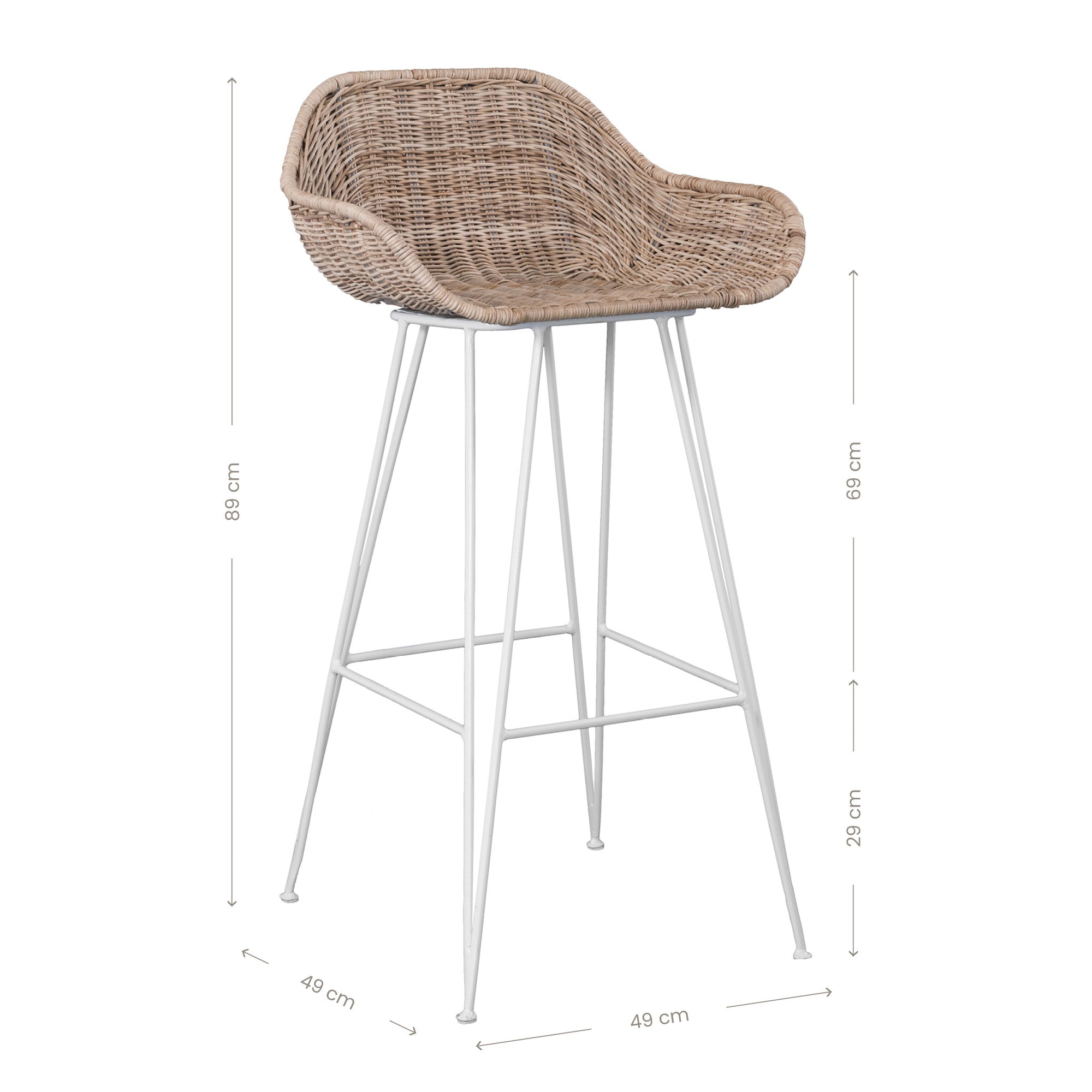 White natural rattan bar chair with curved back and slim metal legs, perfect for modern and stylish dining settings