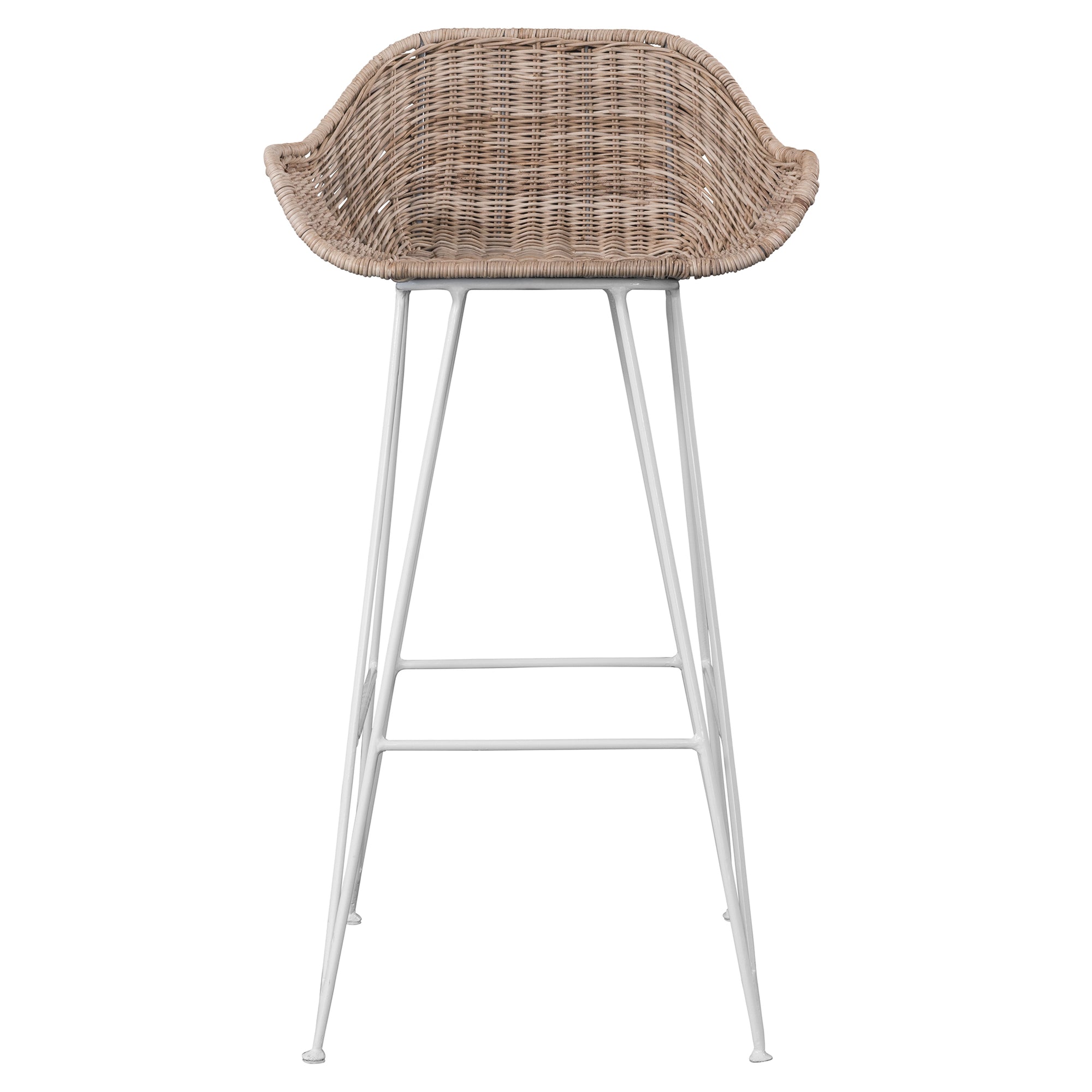 White natural rattan bar chair with curved back and slim metal legs, perfect for modern and stylish dining settings
