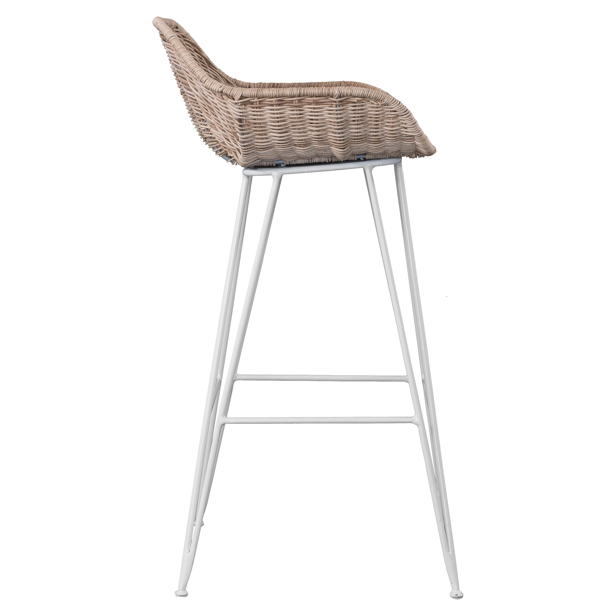 White natural rattan bar chair with curved back and slim metal legs, perfect for modern and stylish dining settings
