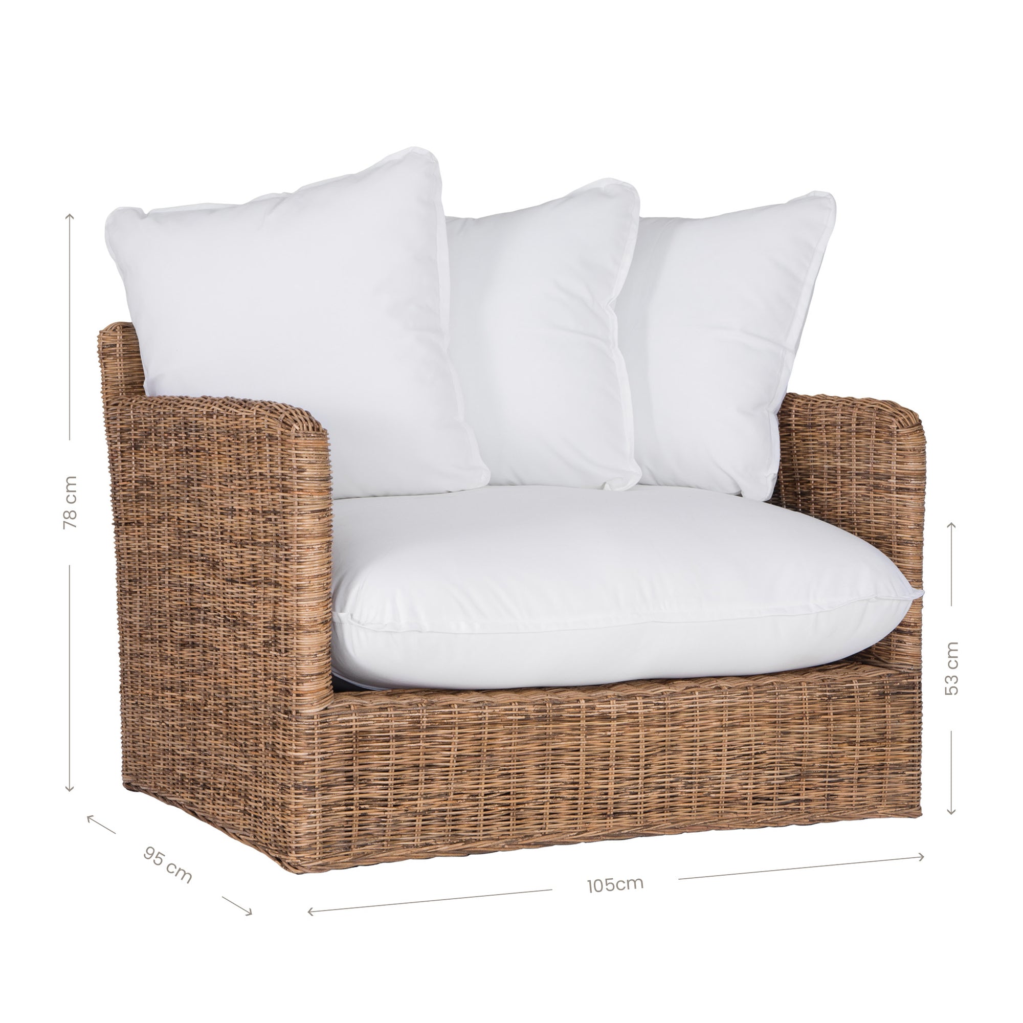 A contemporary white natural woven sofa with plush, generously filled cushions, offering both comfort and style for a refined coastal or modern living space.