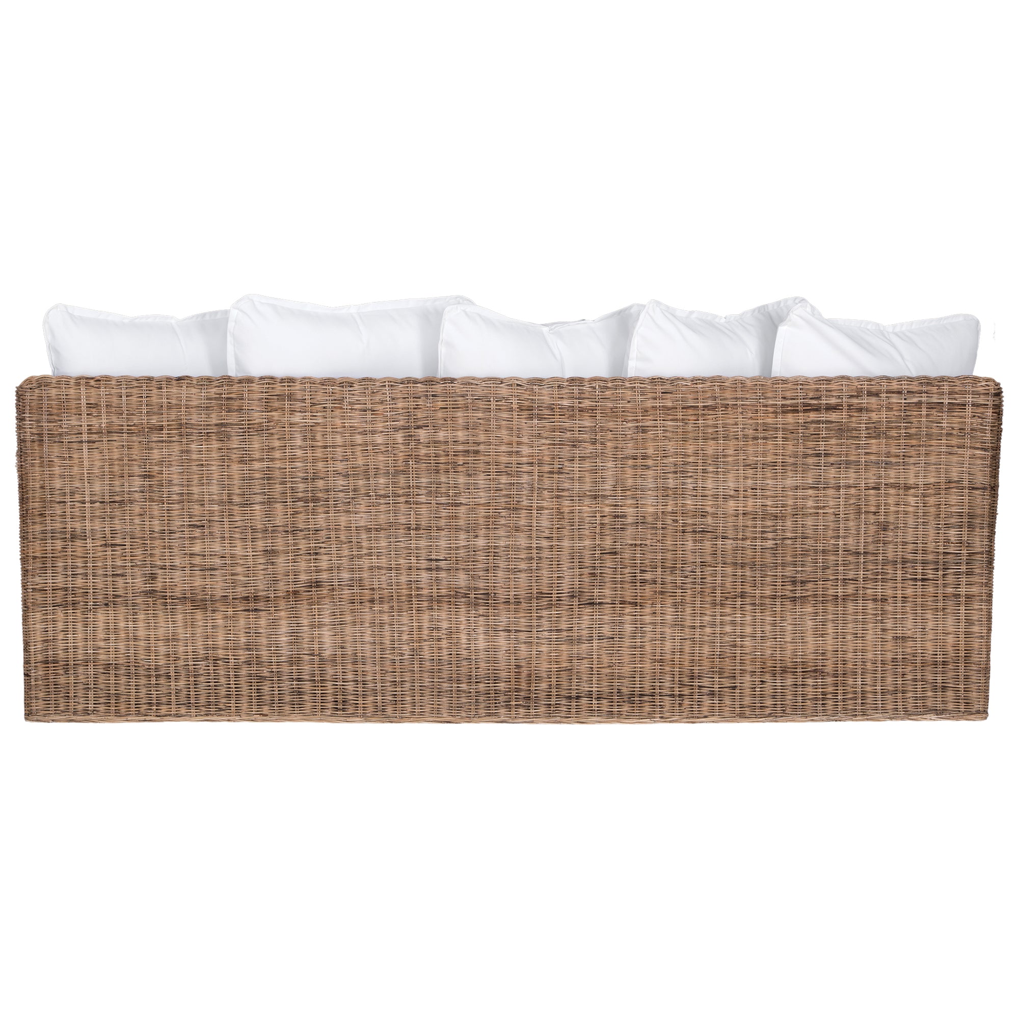 A contemporary white natural woven sofa with plush, generously filled cushions, offering both comfort and style for a refined coastal or modern living space.