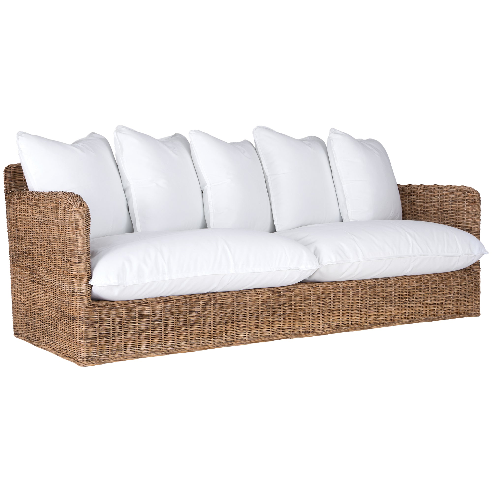 A contemporary white natural woven sofa with plush, generously filled cushions, offering both comfort and style for a refined coastal or modern living space.