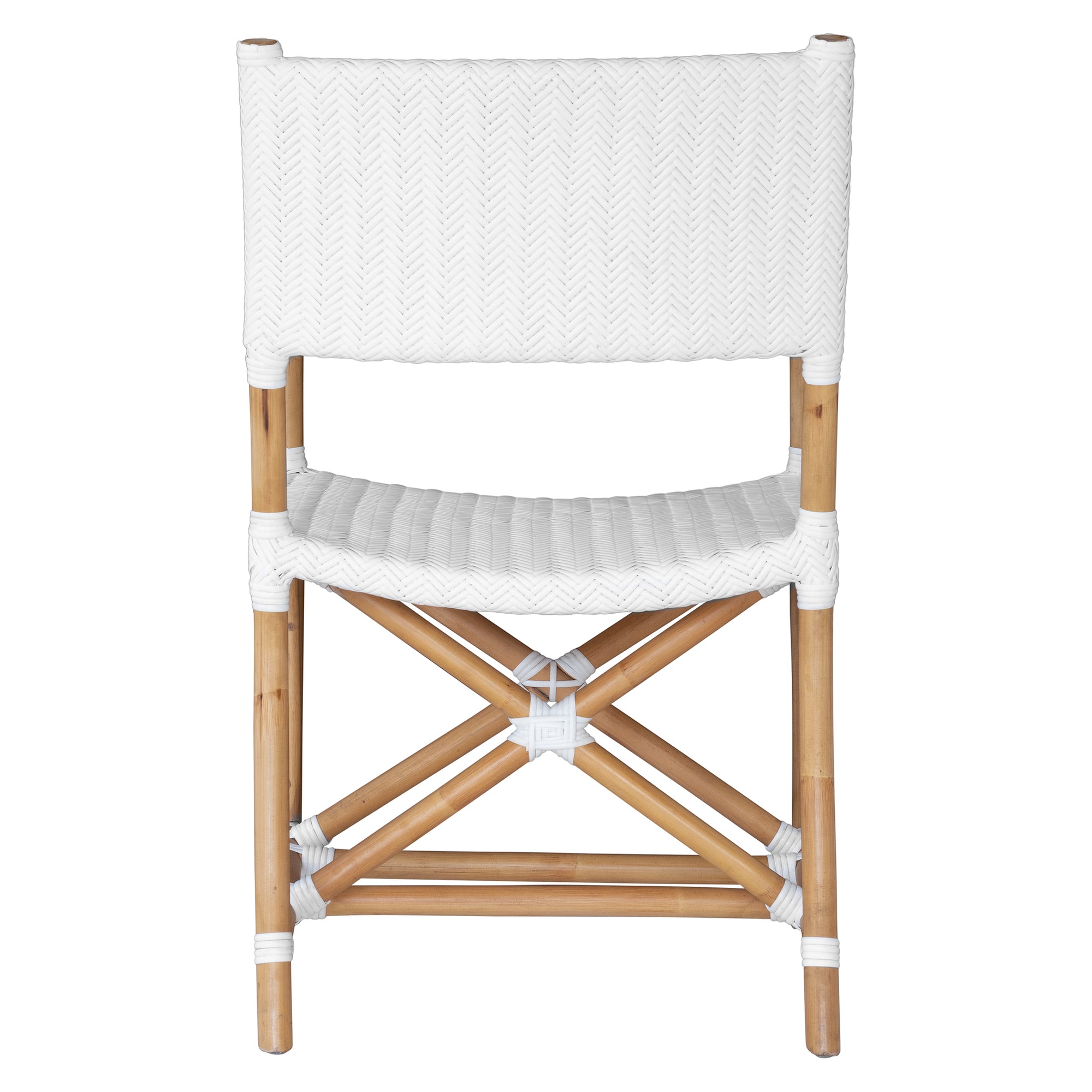 White herringbone rattan armchair with armrests and a sturdy cross-frame base, showcasing a contemporary design suitable for indoor or outdoor dining spaces.