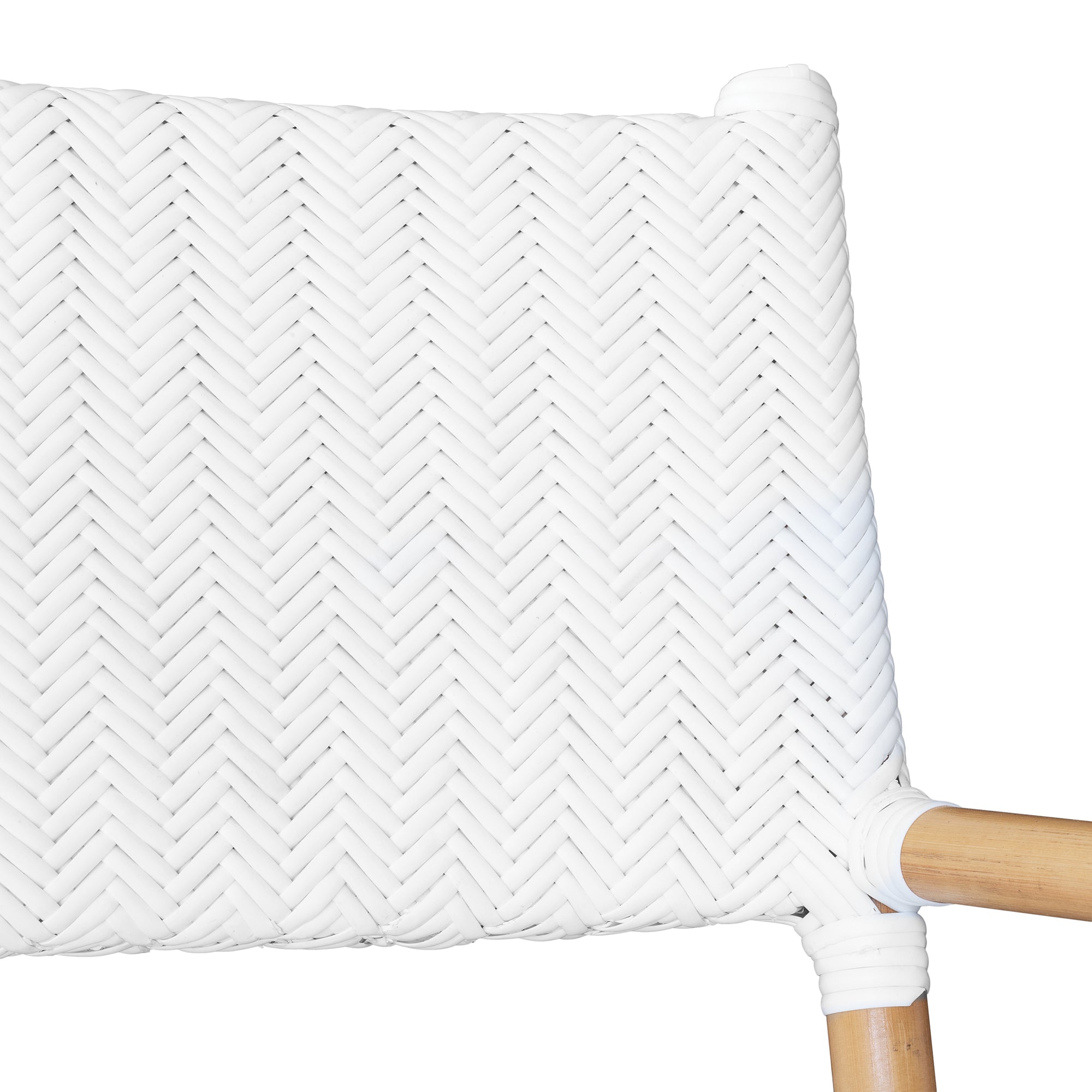 White herringbone rattan armchair with armrests and a sturdy cross-frame base, showcasing a contemporary design suitable for indoor or outdoor dining spaces.
