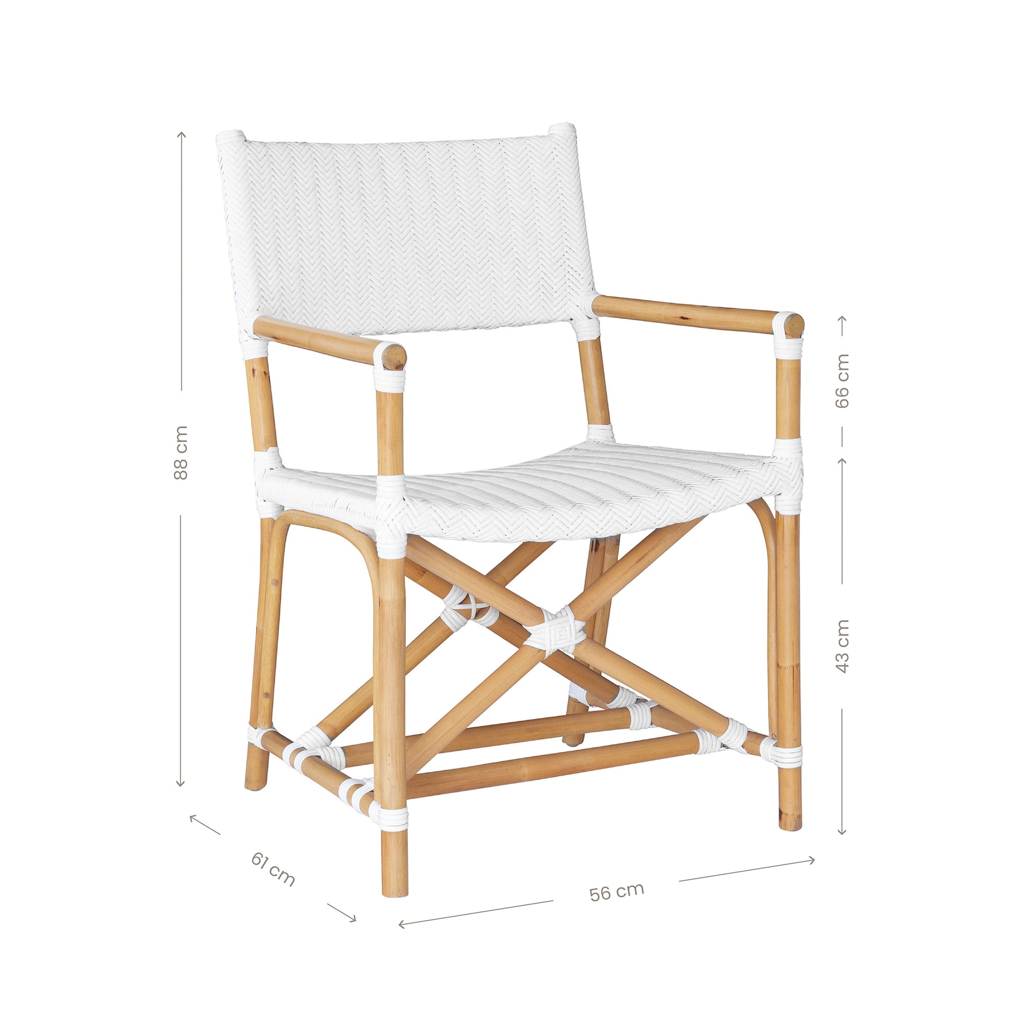 White herringbone rattan armchair with armrests and a sturdy cross-frame base, showcasing a contemporary design suitable for indoor or outdoor dining spaces.
