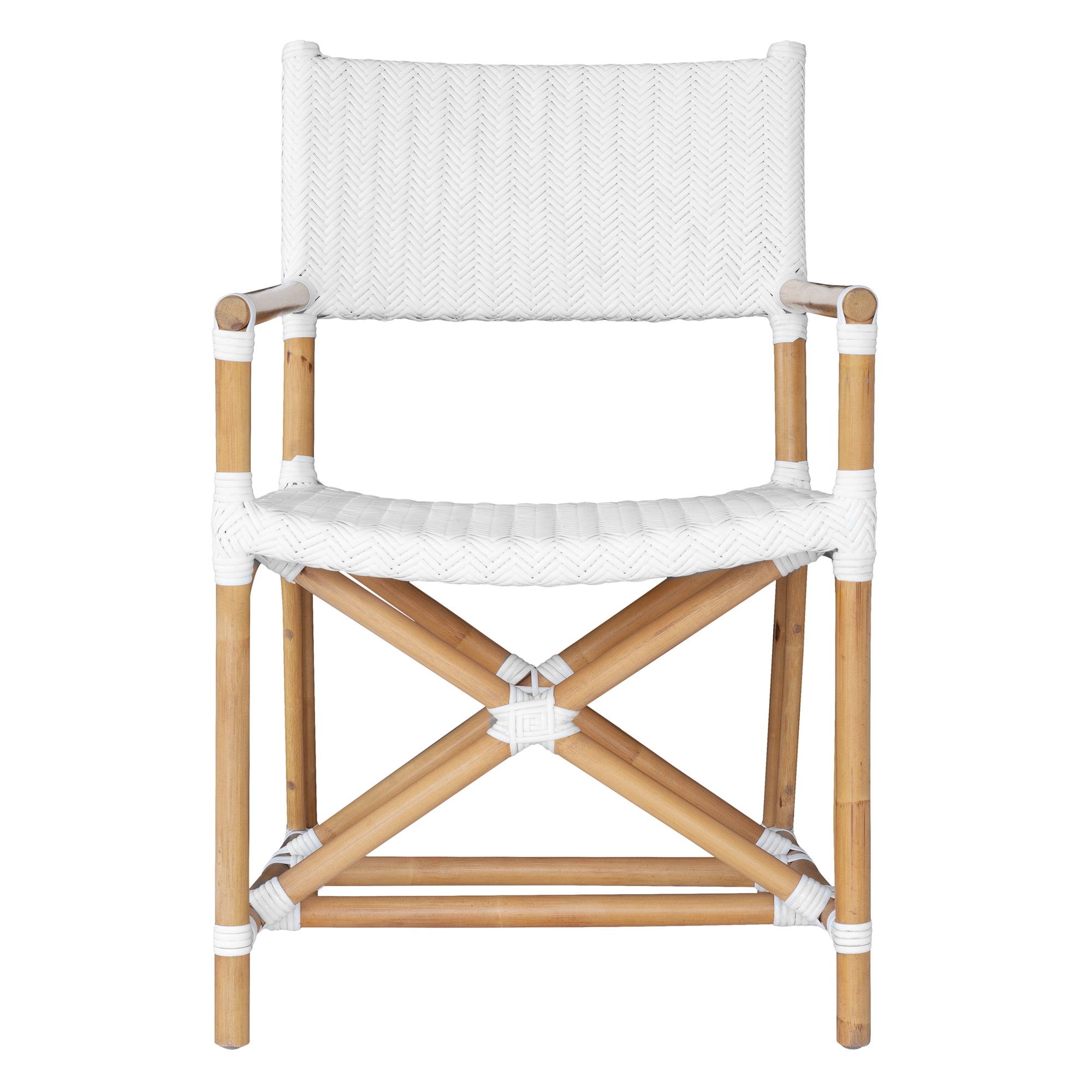 White herringbone rattan armchair with armrests and a sturdy cross-frame base, showcasing a contemporary design suitable for indoor or outdoor dining spaces.