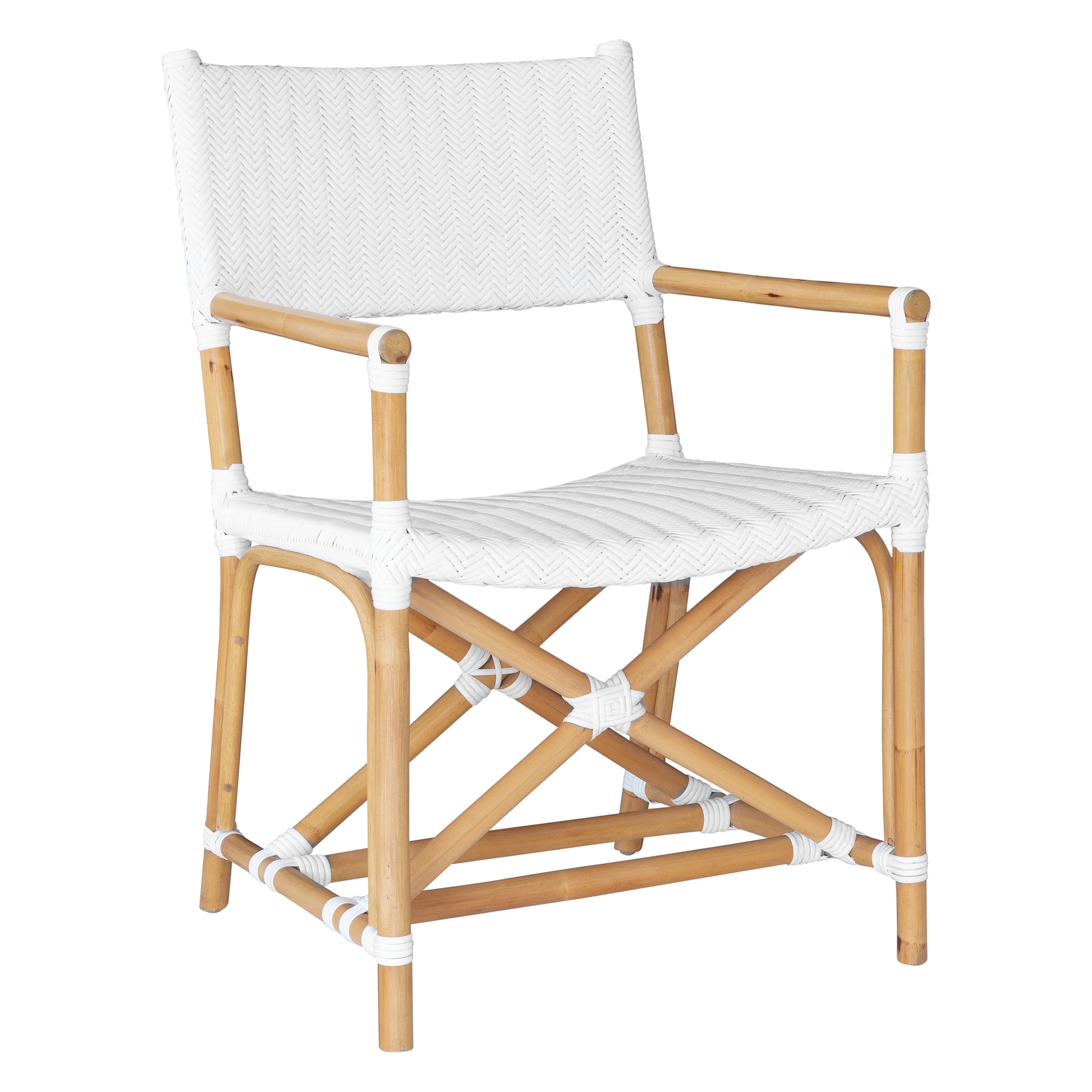 White herringbone rattan armchair with armrests and a sturdy cross-frame base, showcasing a contemporary design suitable for indoor or outdoor dining spaces.