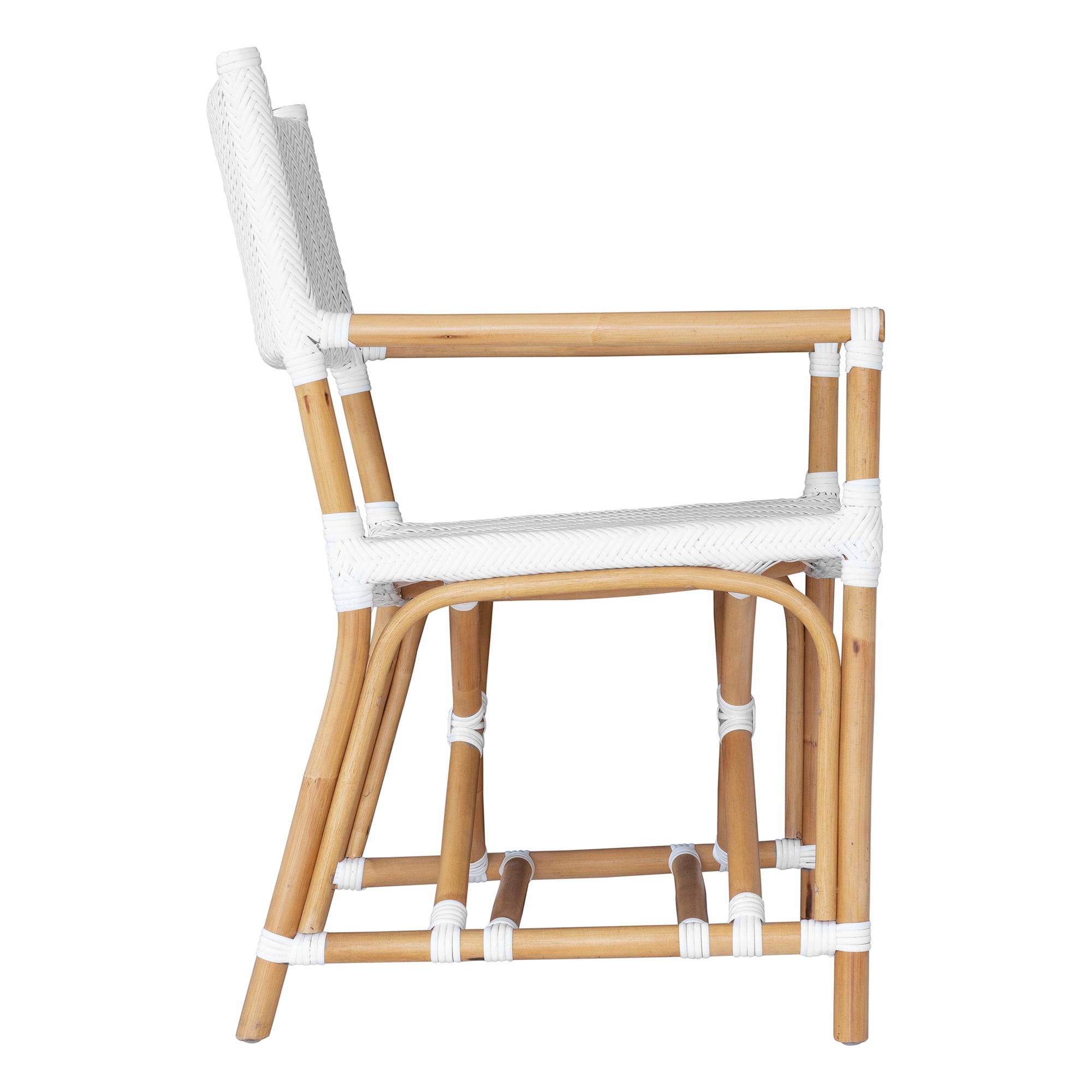 White herringbone rattan armchair with armrests and a sturdy cross-frame base, showcasing a contemporary design suitable for indoor or outdoor dining spaces.