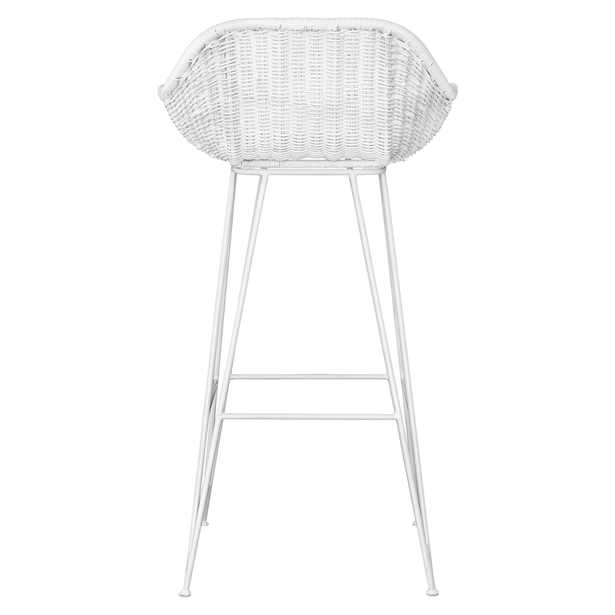 White rattan bar chair with curved back and slim metal legs, perfect for modern and stylish dining settings