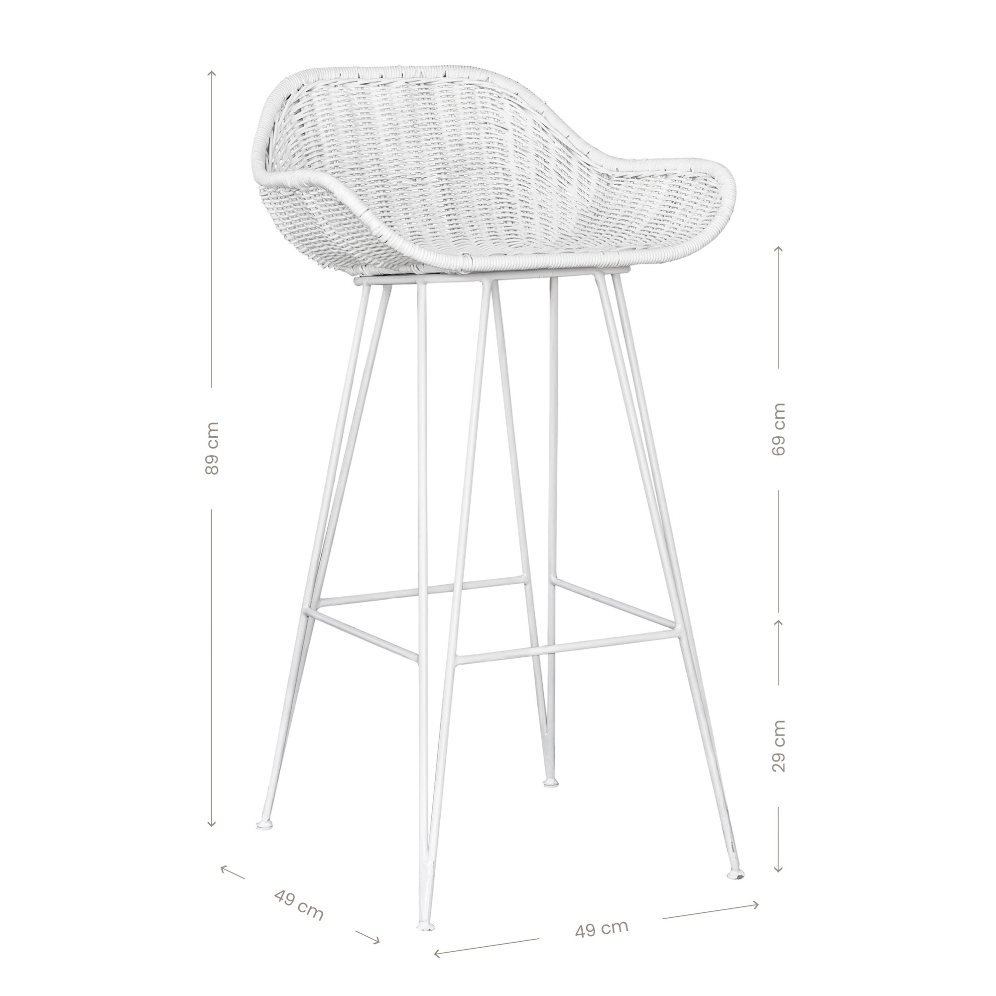 White rattan bar chair with curved back and slim metal legs, perfect for modern and stylish dining settings