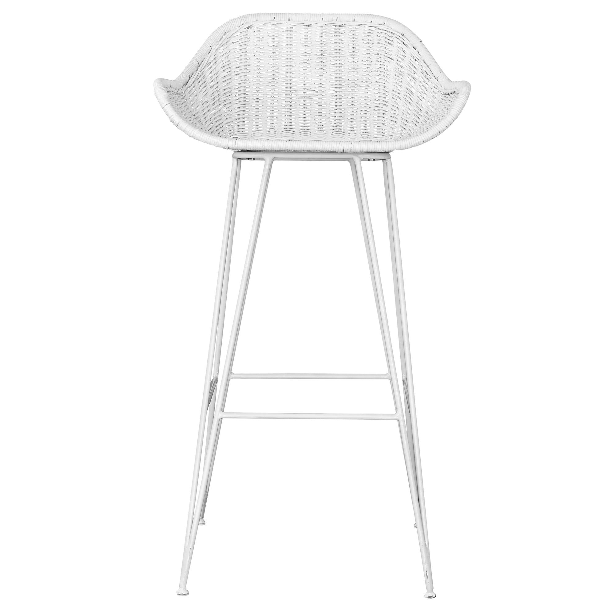 White rattan bar chair with curved back and slim metal legs, perfect for modern and stylish dining settings