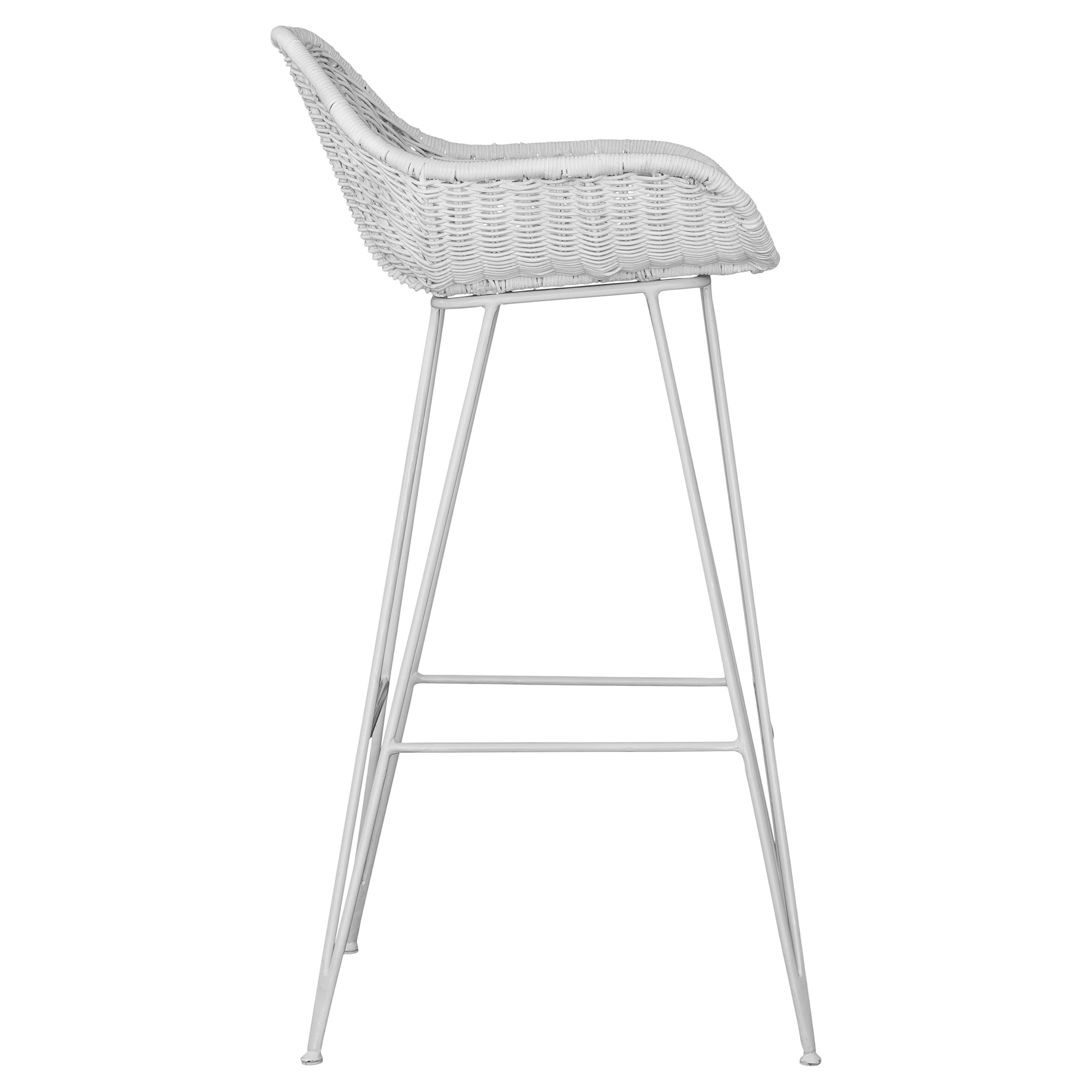 White rattan bar chair with curved back and slim metal legs, perfect for modern and stylish dining settings