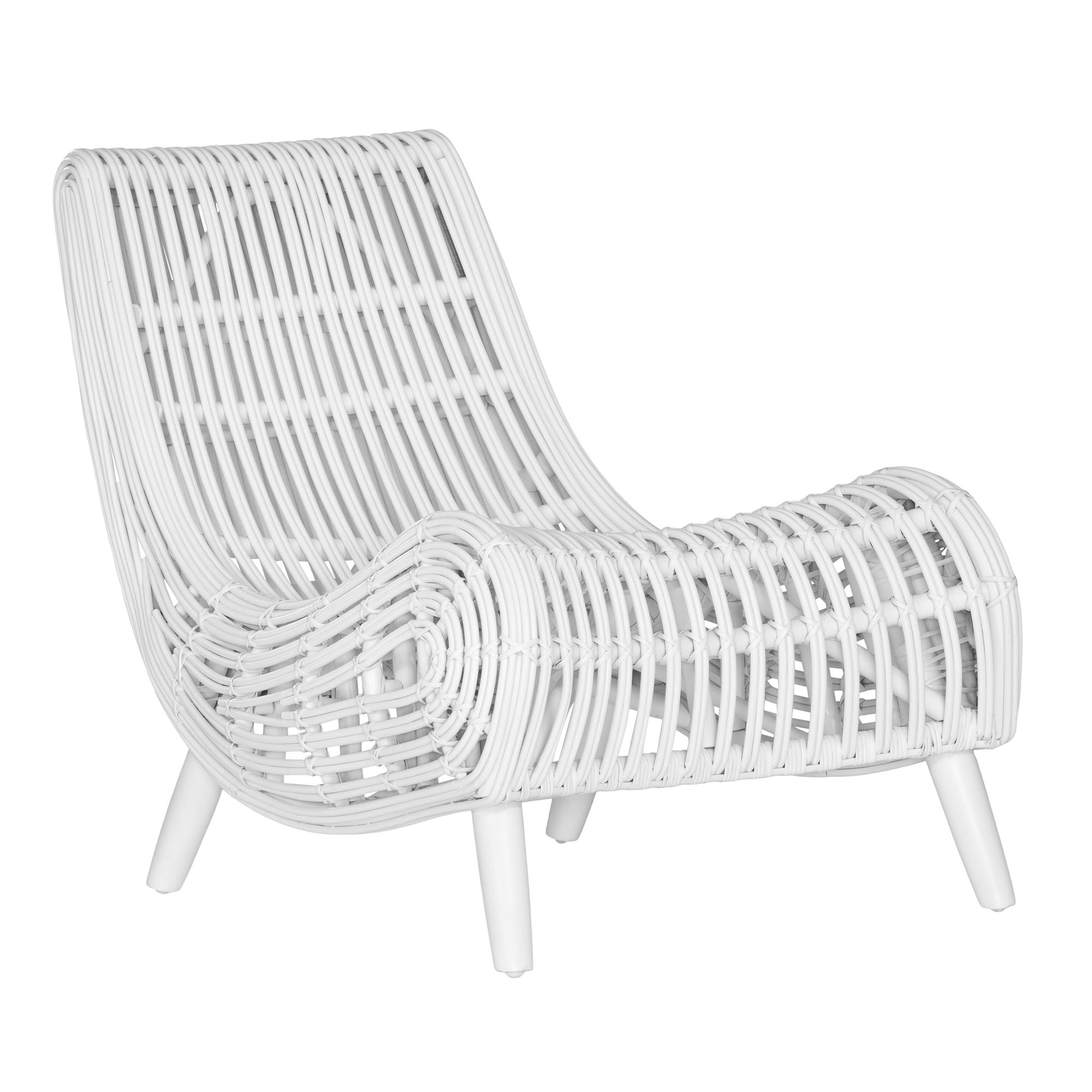 A sculptural white rattan lounge chair with a curved, low-profile silhouette and sleek wooden legs. The woven design adds texture, while the deep seat and ergonomic shape offer comfort and relaxation