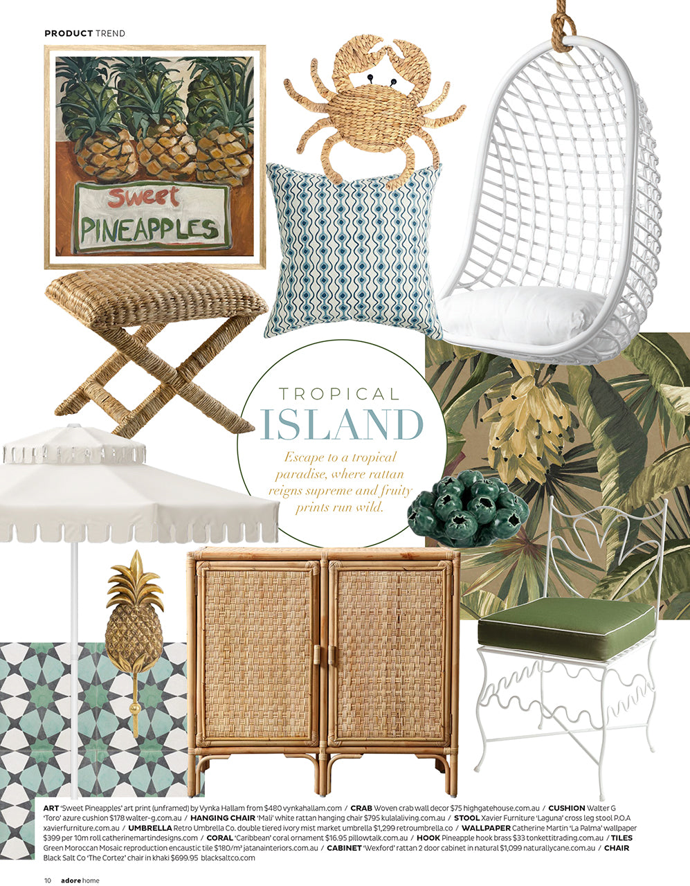 White rattan hanging chair with cushion, suspended from a rope, perfect for indoor and outdoor spaces. Adore magazine 2024 page spread collage