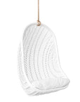 White rattan hanging egg chair with a plush white cushion, featuring a woven open-weave design and sturdy rope for a stylish and relaxing indoor or outdoor seating option