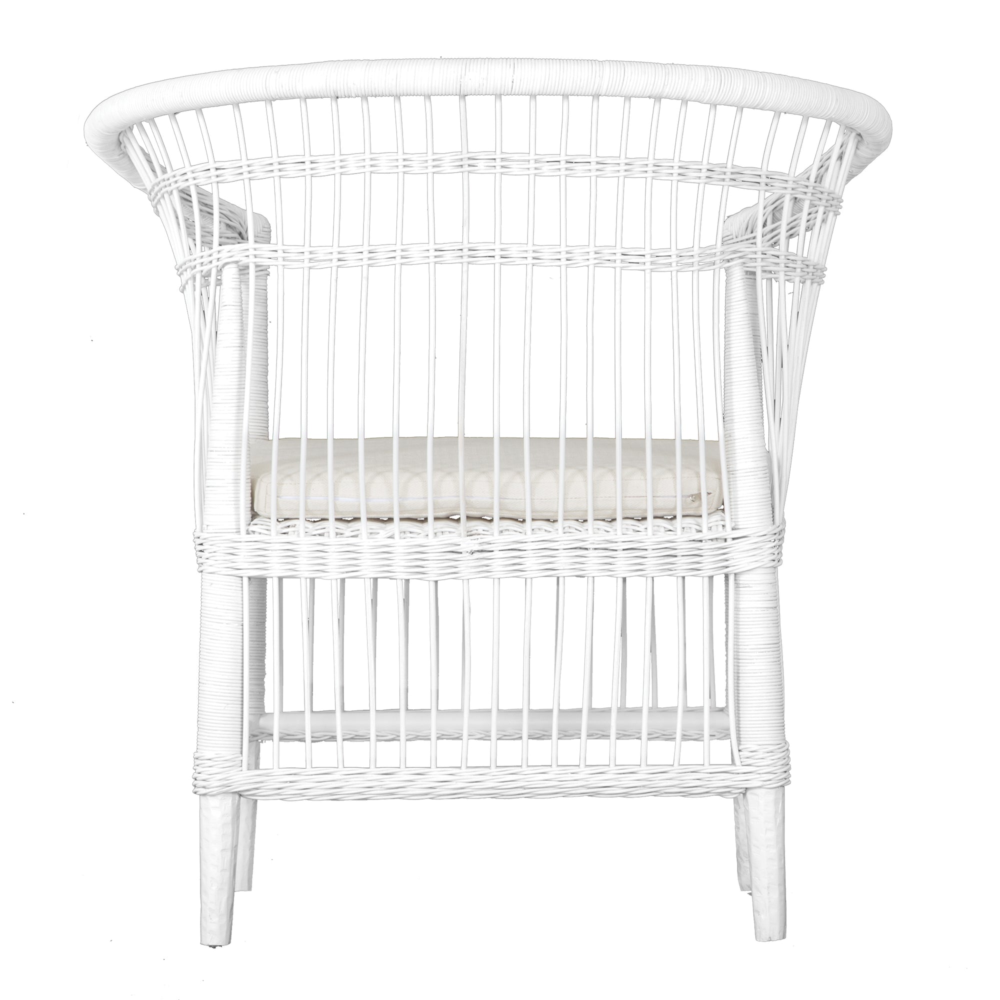 A beautifully crafted white rattan armchair with an open-weave design and a white cushioned seat, perfect for adding a relaxed coastal touch to any space