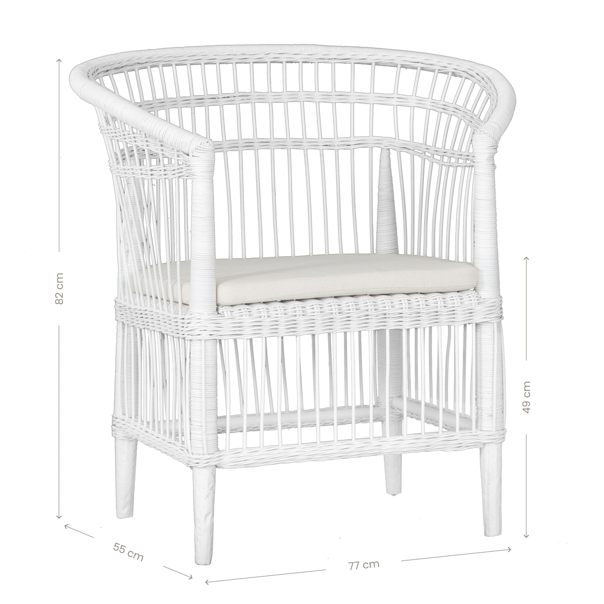A beautifully crafted white rattan armchair with an open-weave design and a white cushioned seat, perfect for adding a relaxed coastal touch to any space