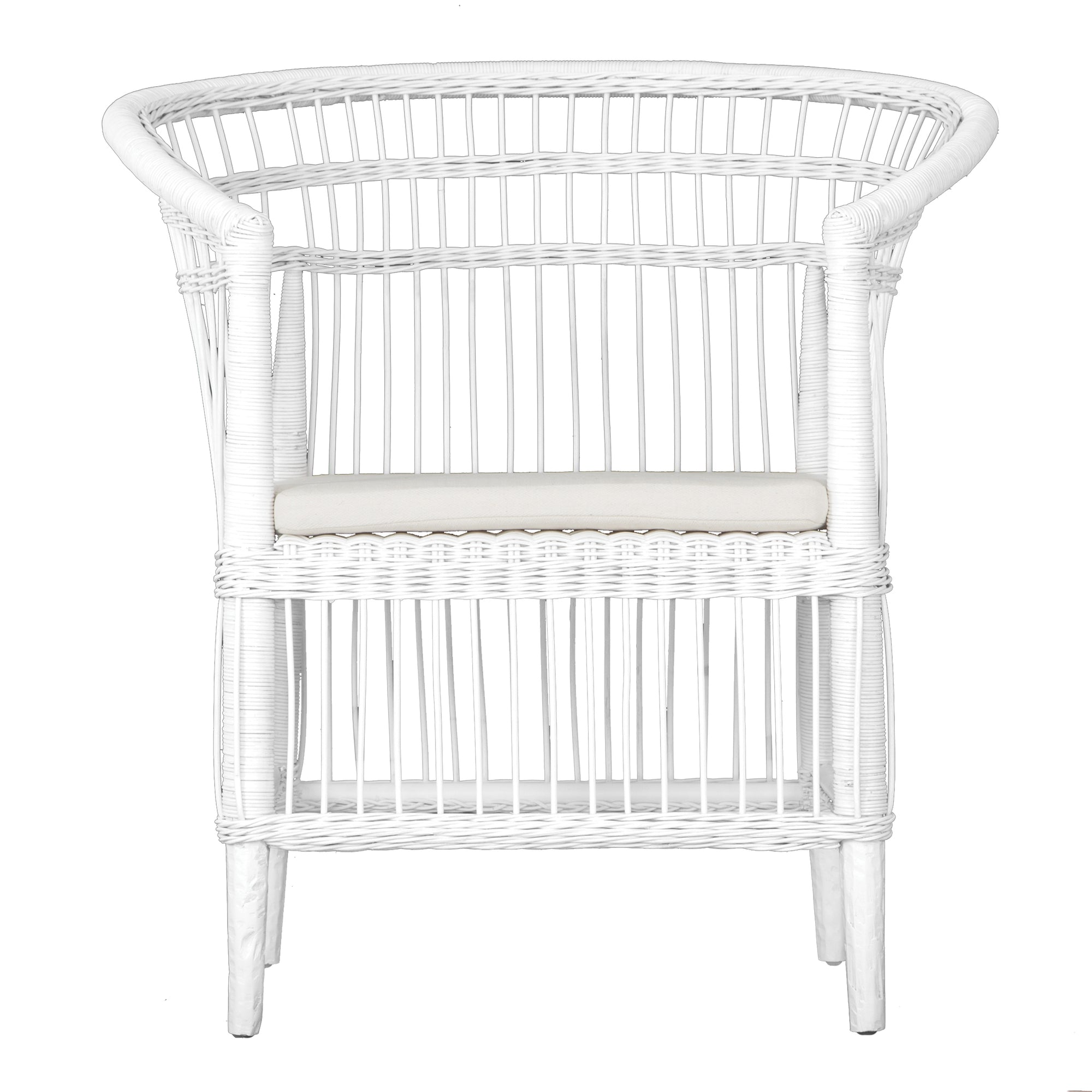 A beautifully crafted white rattan armchair with an open-weave design and a white cushioned seat, perfect for adding a relaxed coastal touch to any space