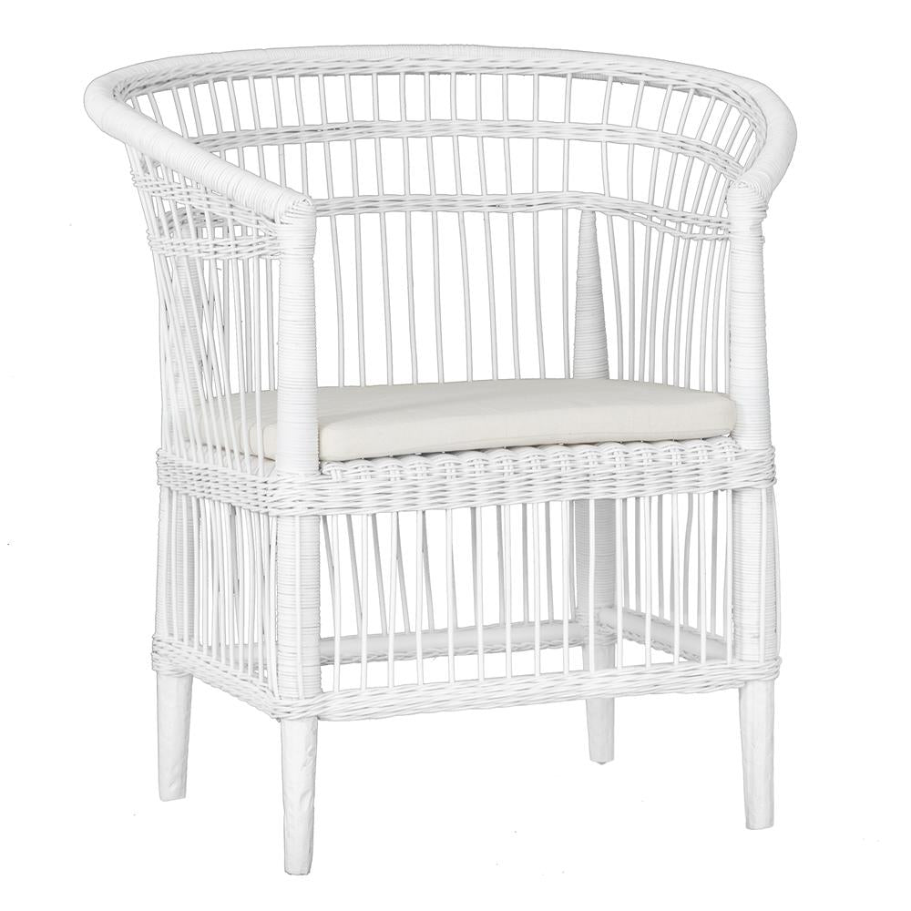 A beautifully crafted white rattan armchair with an open-weave design and a white cushioned seat, perfect for adding a relaxed coastal touch to any space