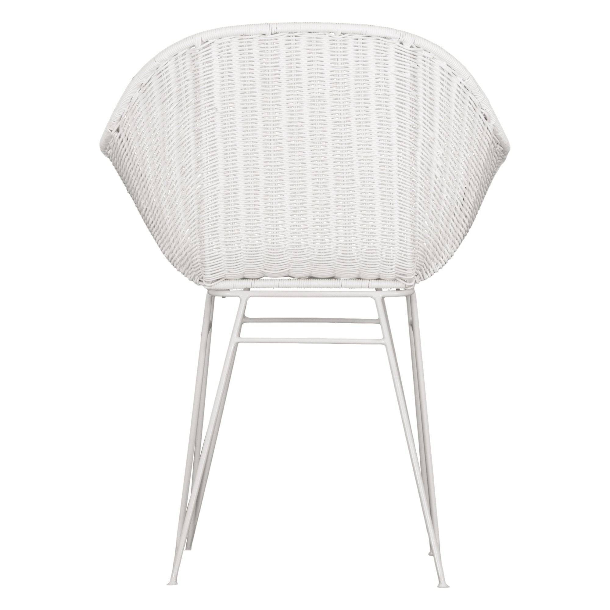 White rattan dining chair with curved back and slim metal legs, perfect for modern and stylish dining settings
