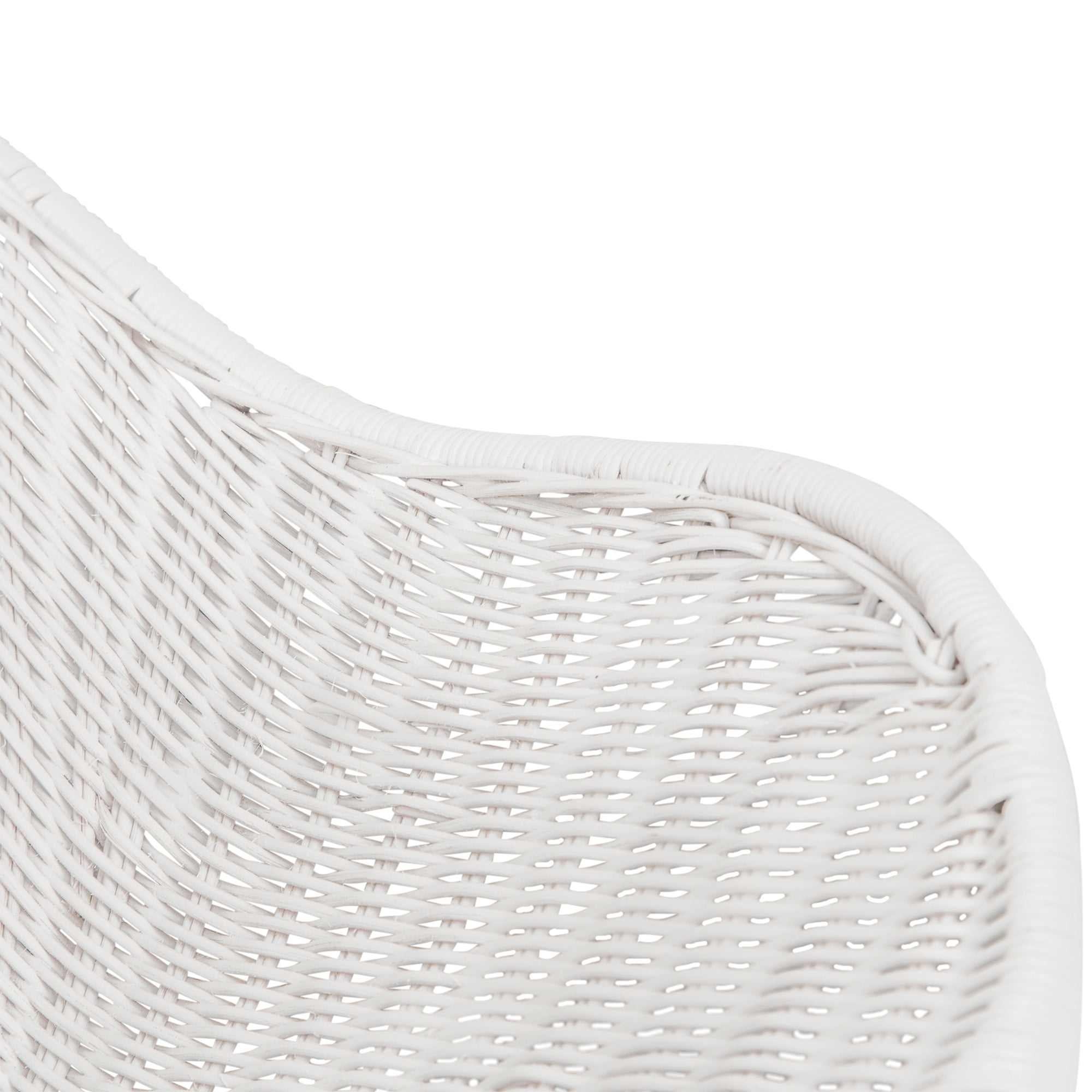 White rattan dining chair with curved back and slim metal legs, perfect for modern and stylish dining settings
