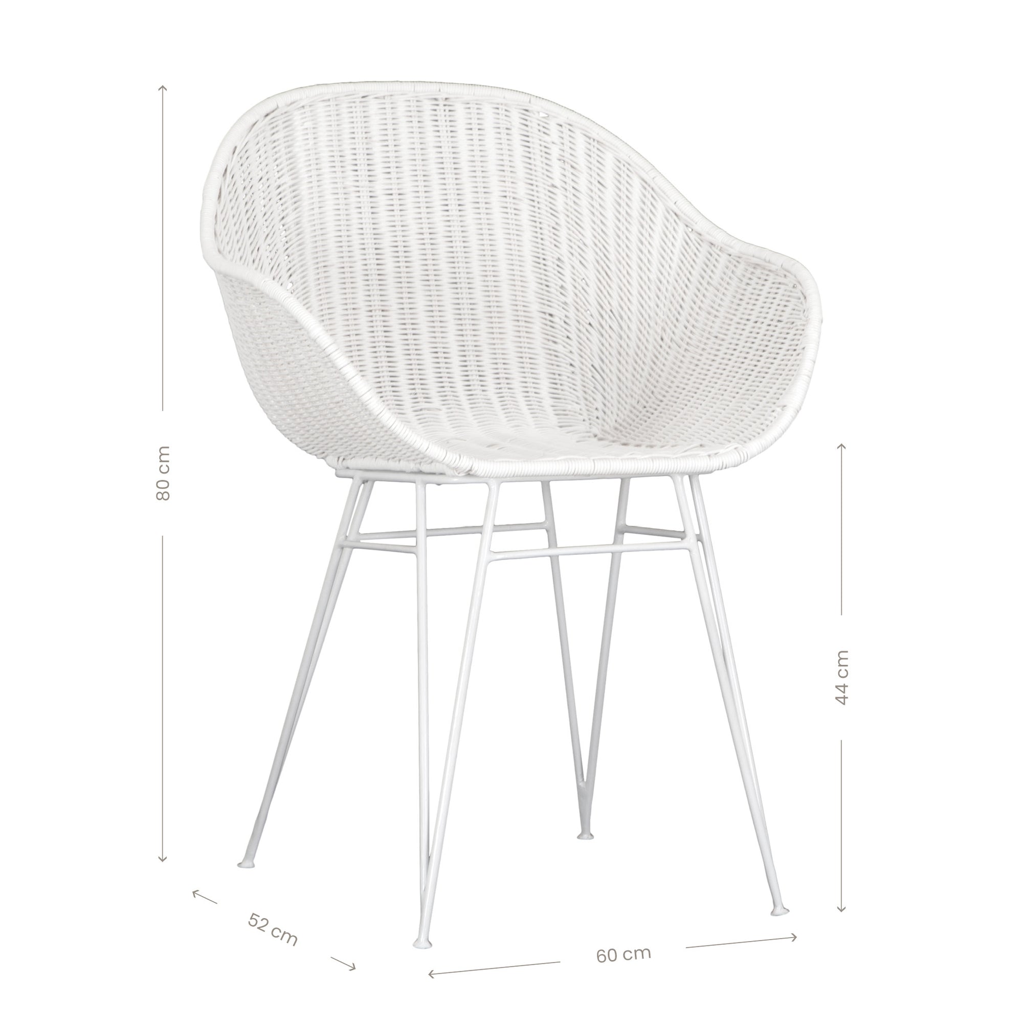 White rattan dining chair with curved back and slim metal legs, perfect for modern and stylish dining settings