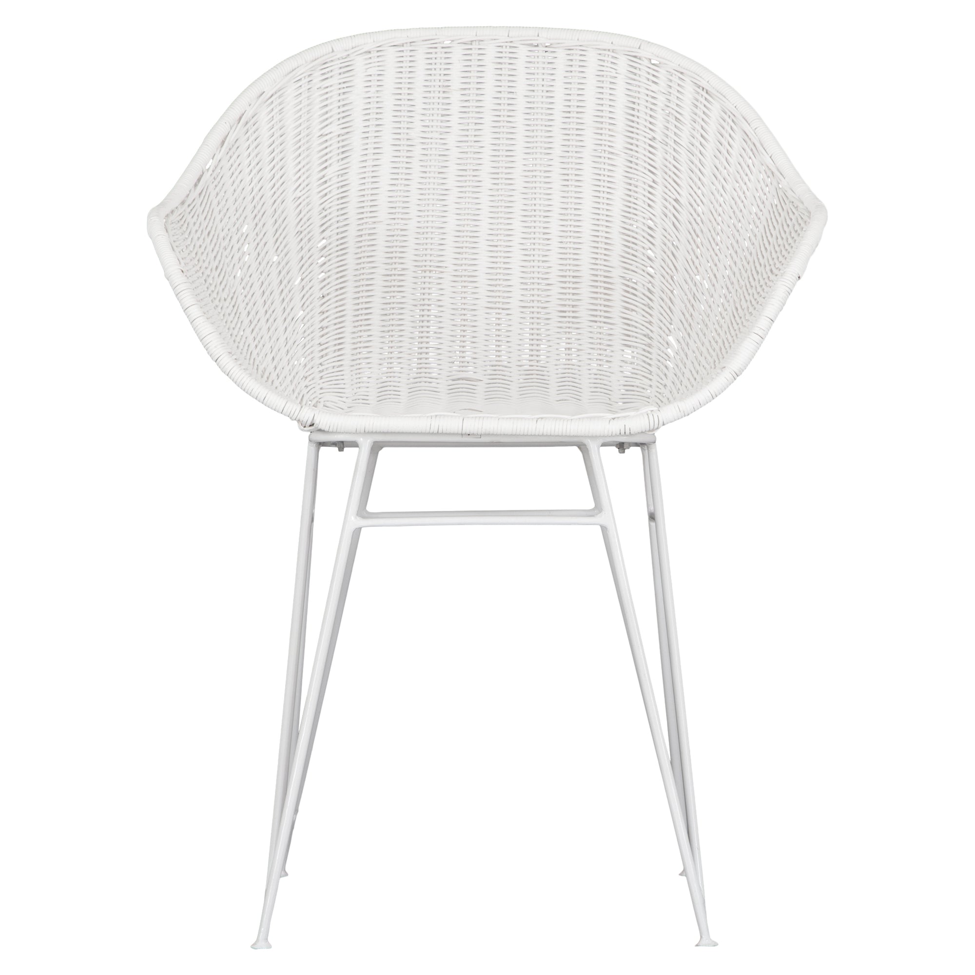 White rattan dining chair with curved back and slim metal legs, perfect for modern and stylish dining settings