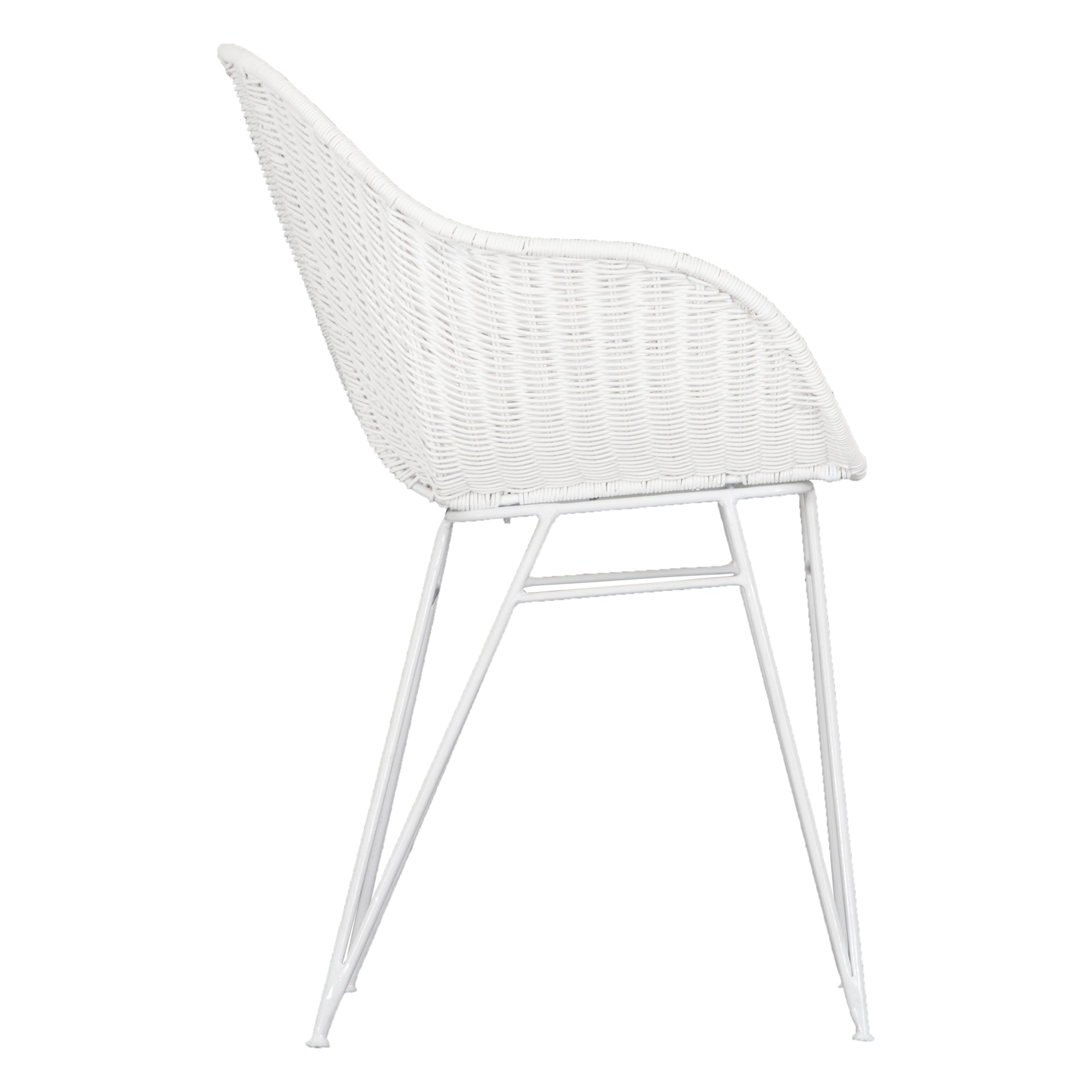 White rattan dining chair with curved back and slim metal legs, perfect for modern and stylish dining settings