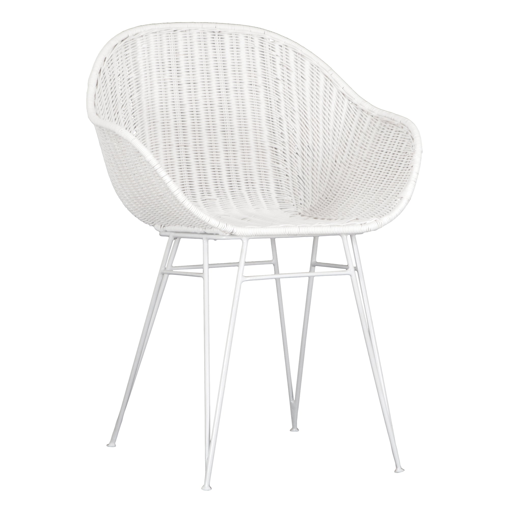 White rattan dining chair with curved back and slim metal legs, perfect for modern and stylish dining settings